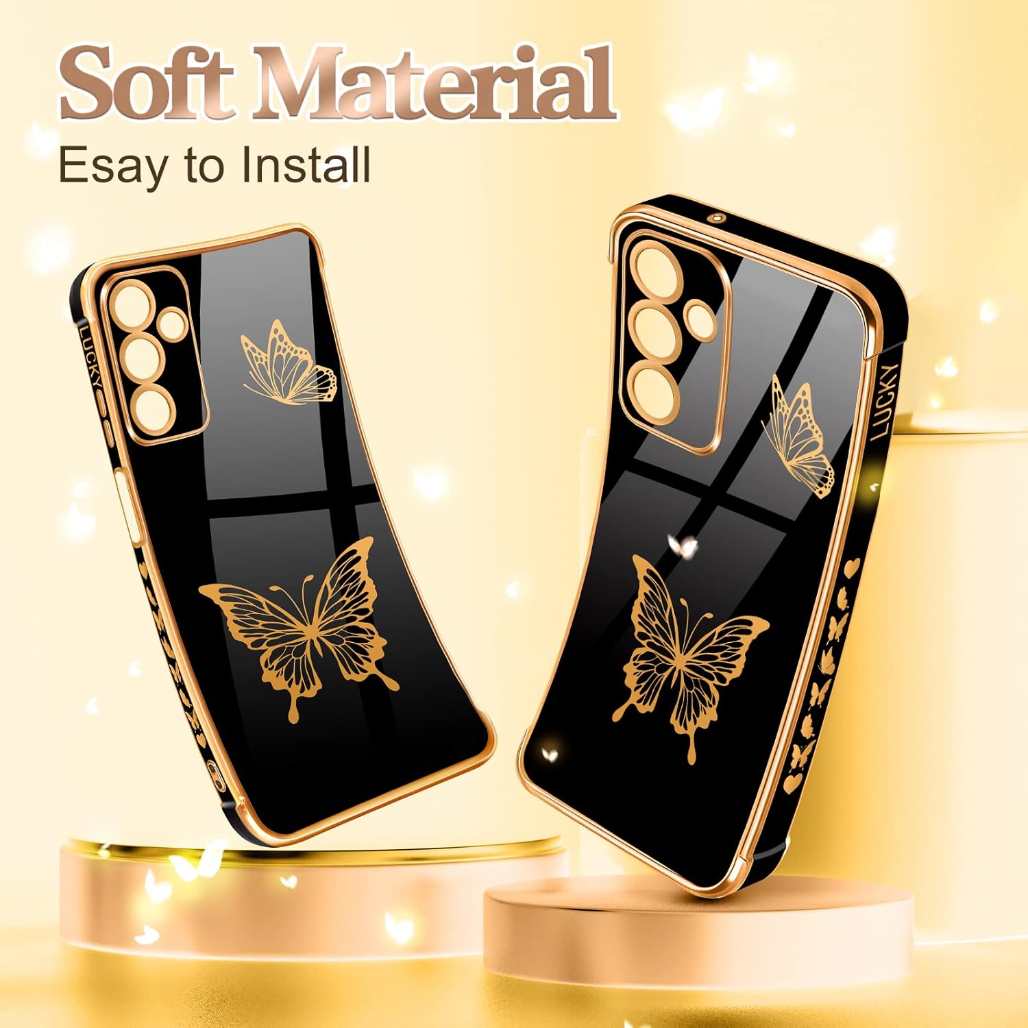 Coralogo Funda para teléfono Samsung Galaxy A14 5G con diseño de mariposas para mujeres y niñas, diseño de mariposas chapado en negro y dorado con