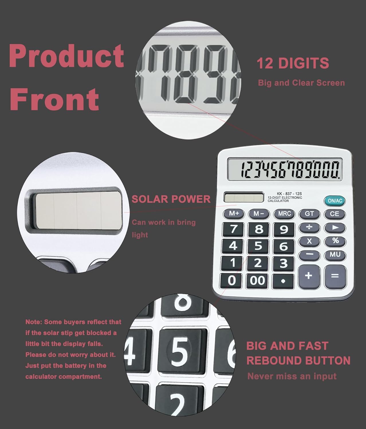 Calculadoras BESTWYA Calculadora de escritorio portátil de 12 dígitos de doble potencia con pantalla LCD grande, botón sensible grande (5 plateadas,