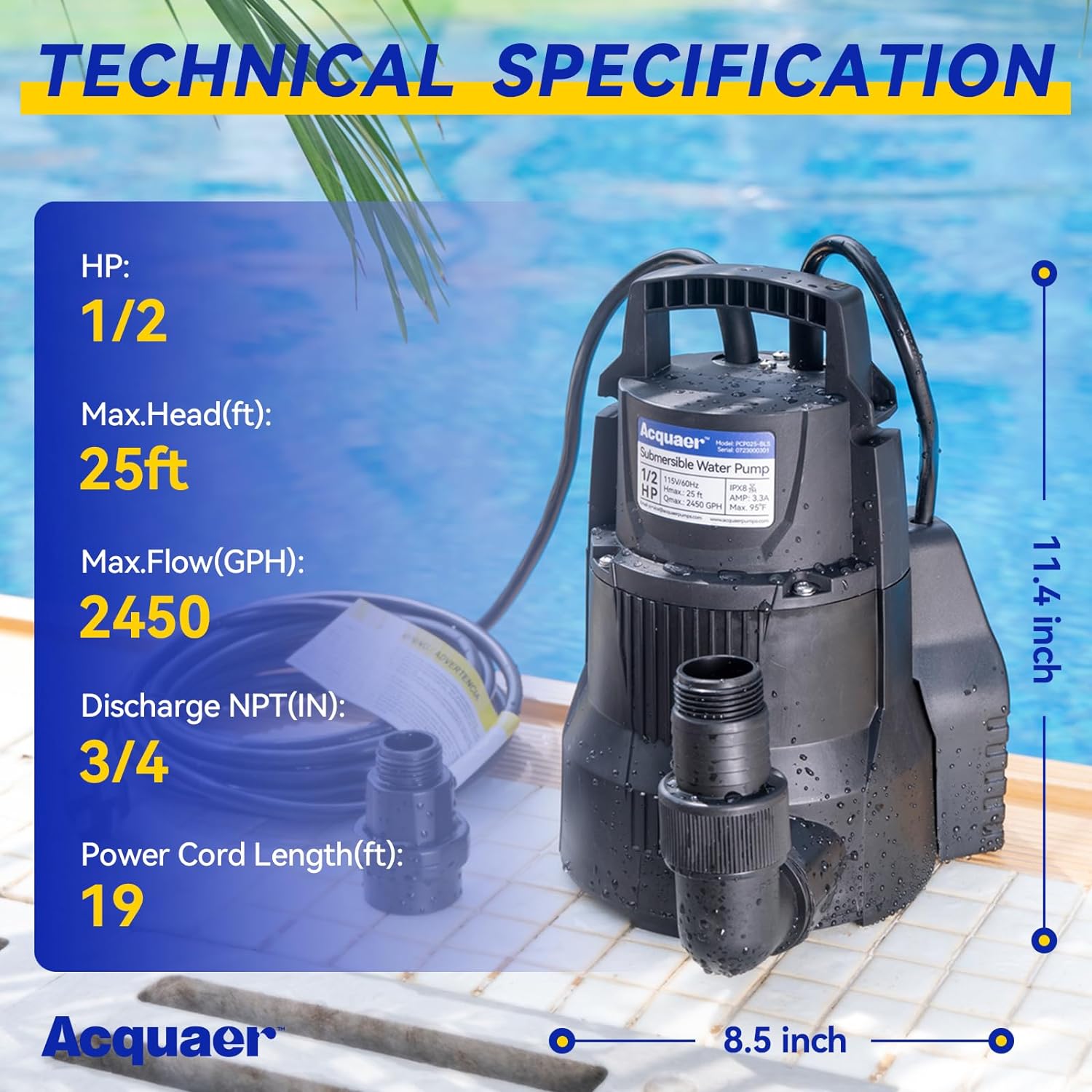 Acquaer Bomba de sumidero automática de 12 HP, bomba de agua sumergible de 2450 GPH con adaptador de válvula de retención de manguera de jardín de