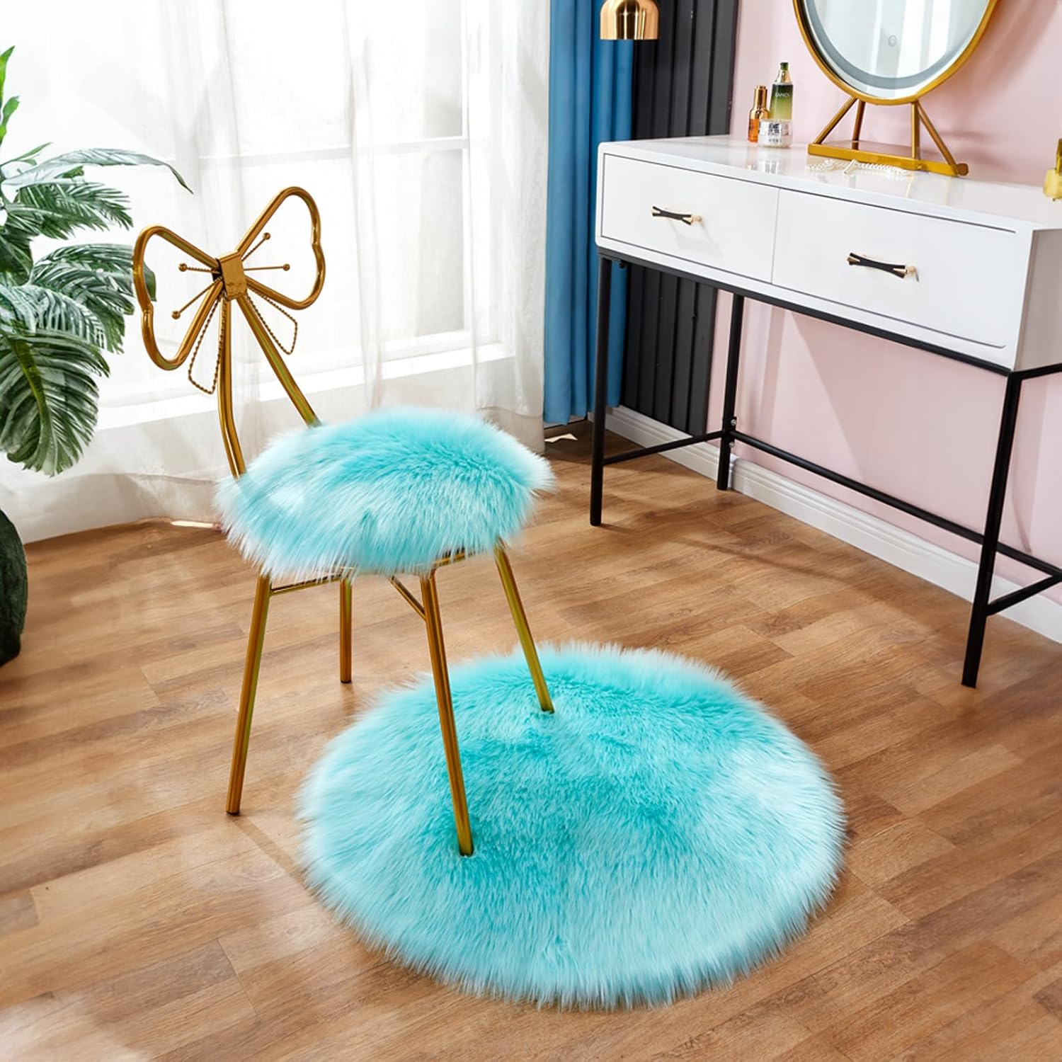 Eanpet Alfombra de piel sintética de oveja para silla con broche a presión, redonda de 18 x 18 pulgadas, funda de asiento esponjosa para silla,