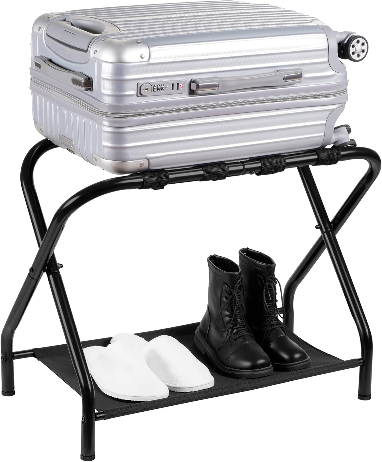 Heybly Portaequipajes, paquete de 2, soporte plegable de acero para maleta con estante de almacenamiento para dormitorio, hotel, marco de acero