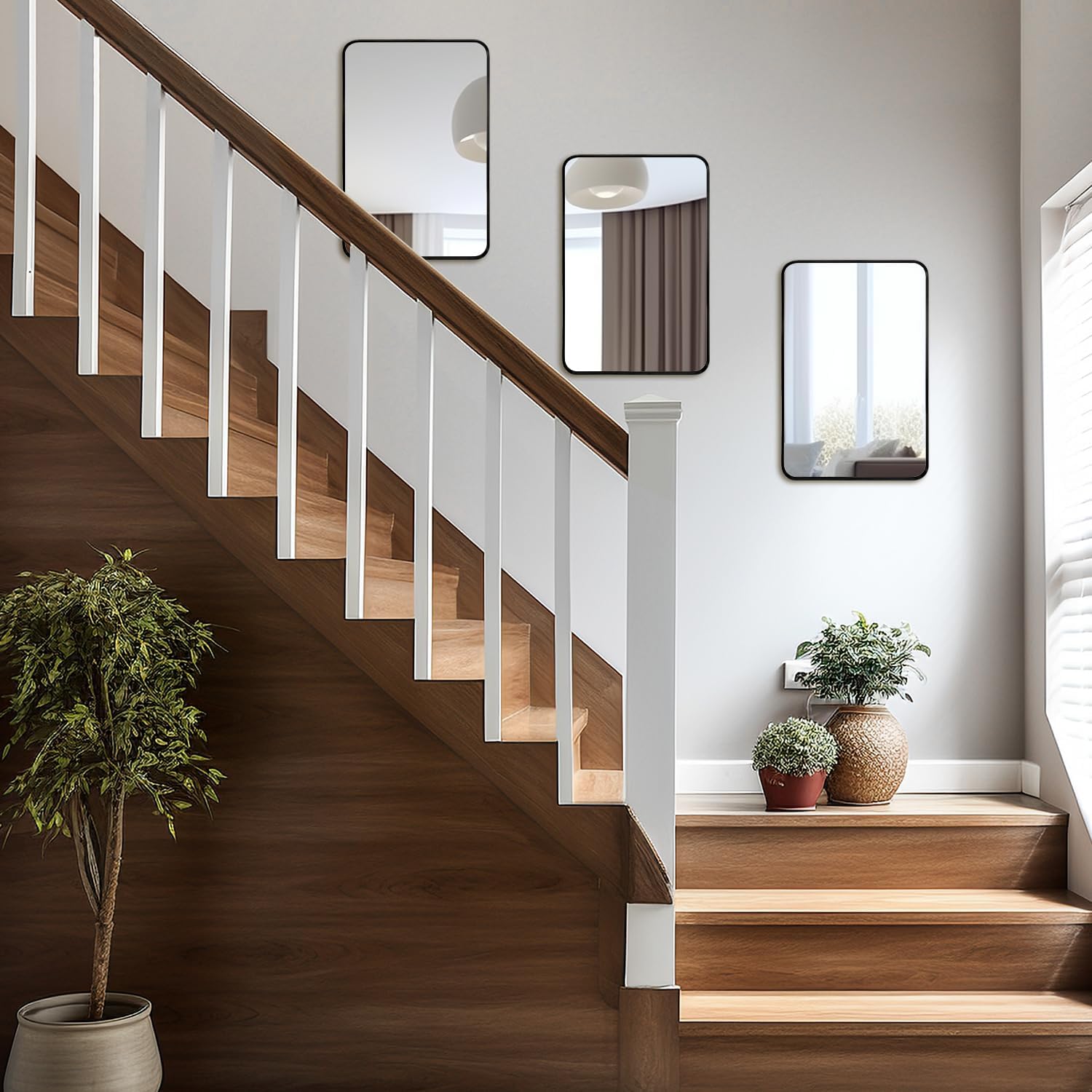 Espejo pequeño para montaje en pared, espejo rectangular de maquillaje de esquina redondeada con marco de metal negro cepillado para baño,
