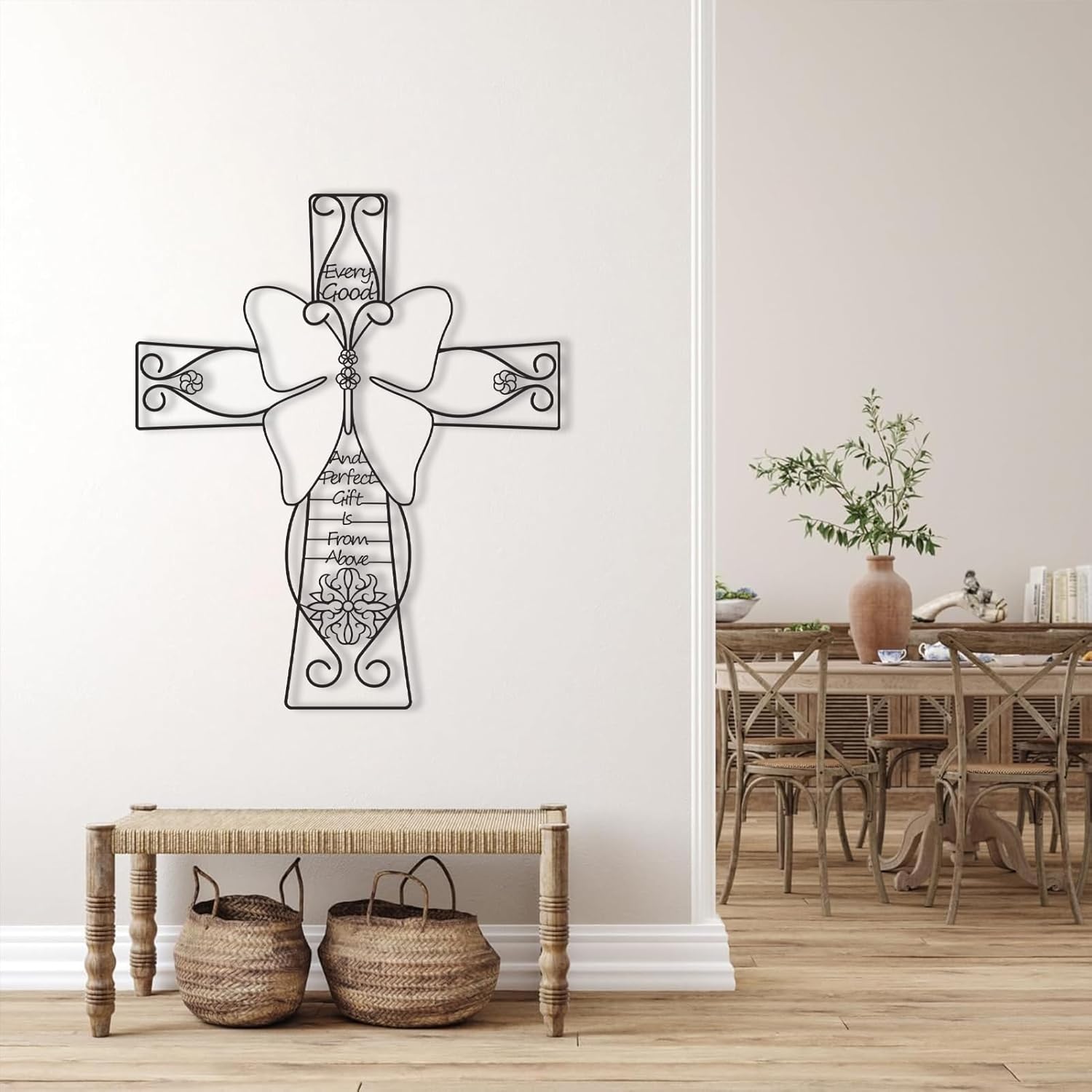 Arte de pared de metal espiritual de mariposa, arte de metal con cruz única, decoración de pared de iglesia religiosa, letreros de metal, decoración