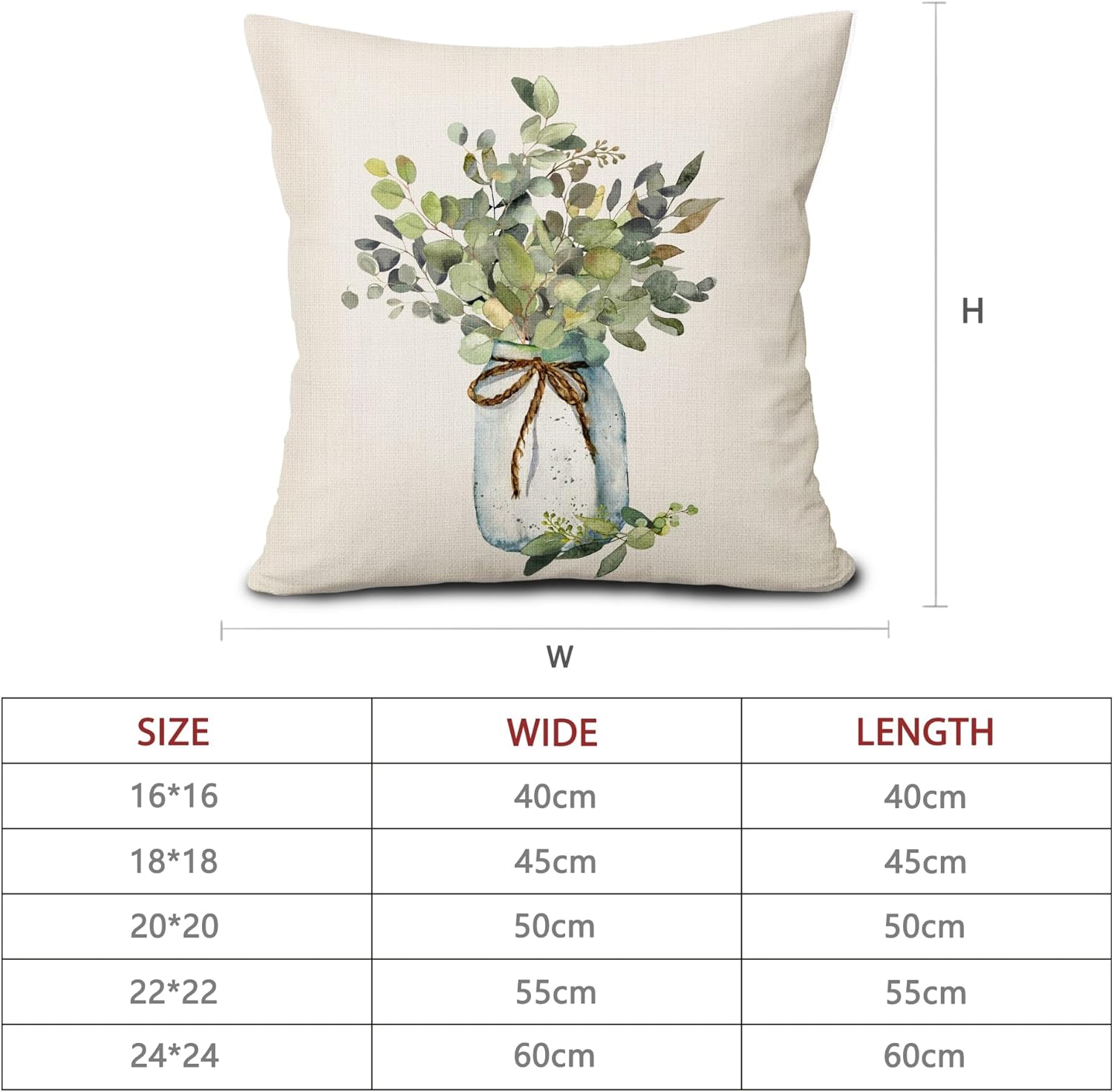 aportt Juego de 2 fundas de almohada de hojas de eucalipto verdes de 20 x 20 pulgadas, para primavera y verano, para sofá, estilo granja, acuarela,