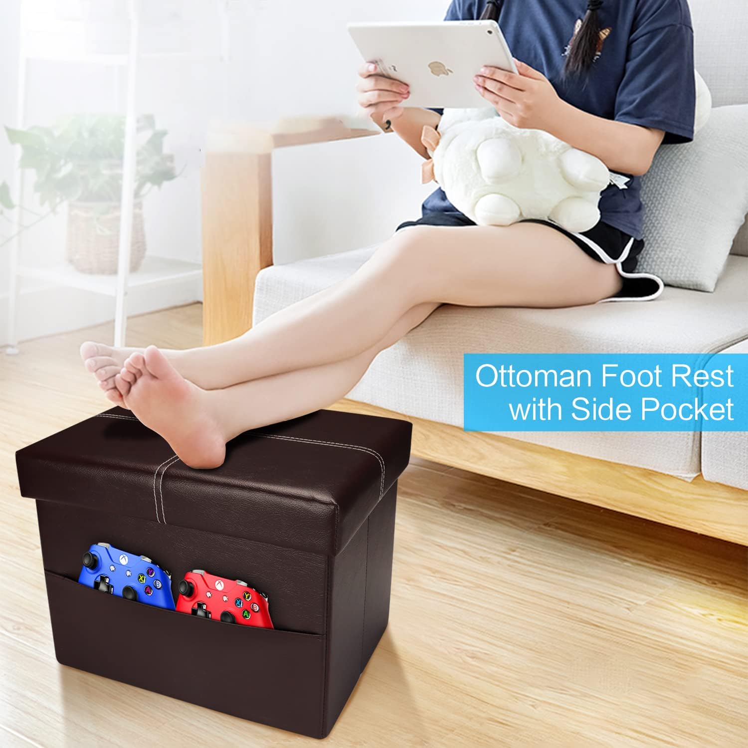 AmasSmile Otomana plegable de almacenamiento con bolsillo lateral, reposapiés, reposapiés, otomana de cuero negro con almacenamiento para sala de