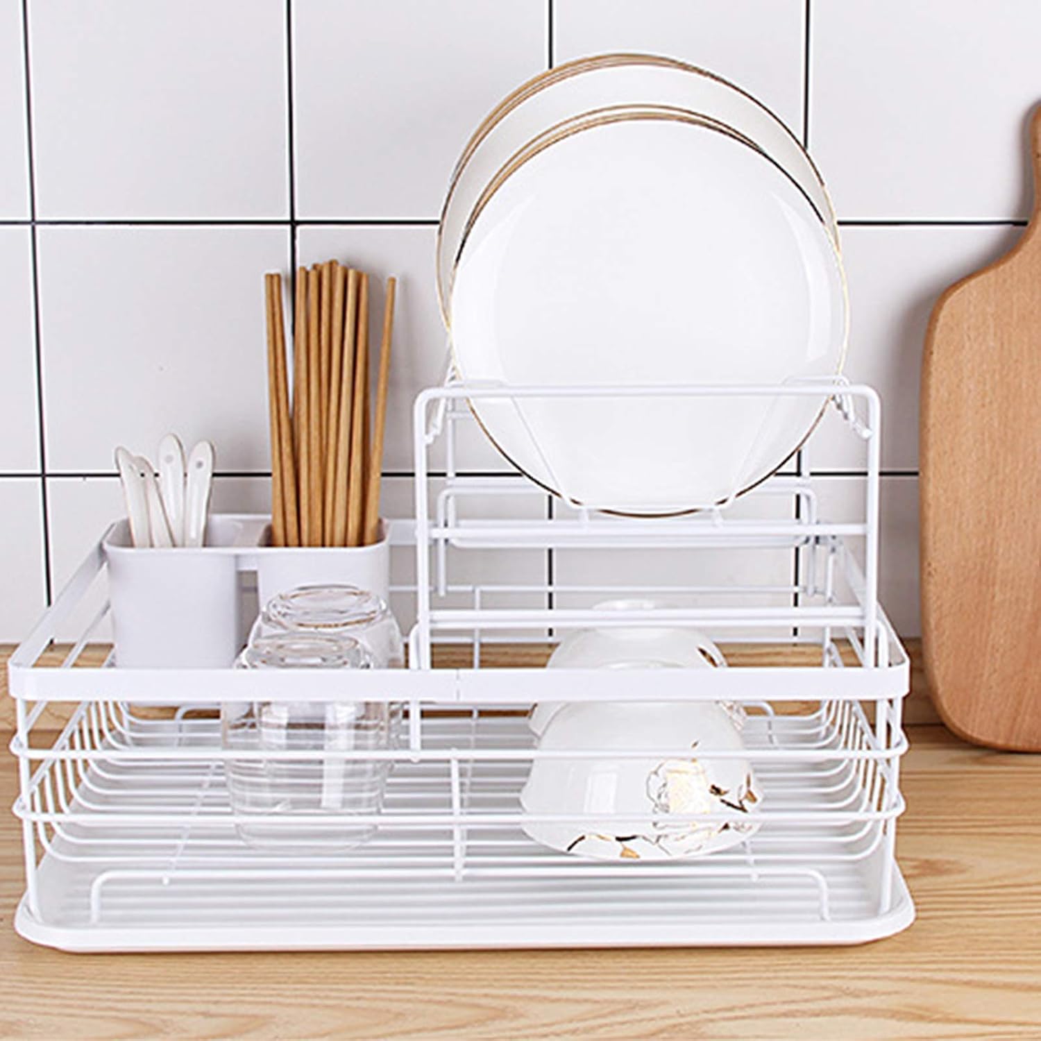 Estante de secado de platos, 2 estantes de secado de platos con soporte para utensilios a prueba de polvo, escurridor de platos y escurridor para