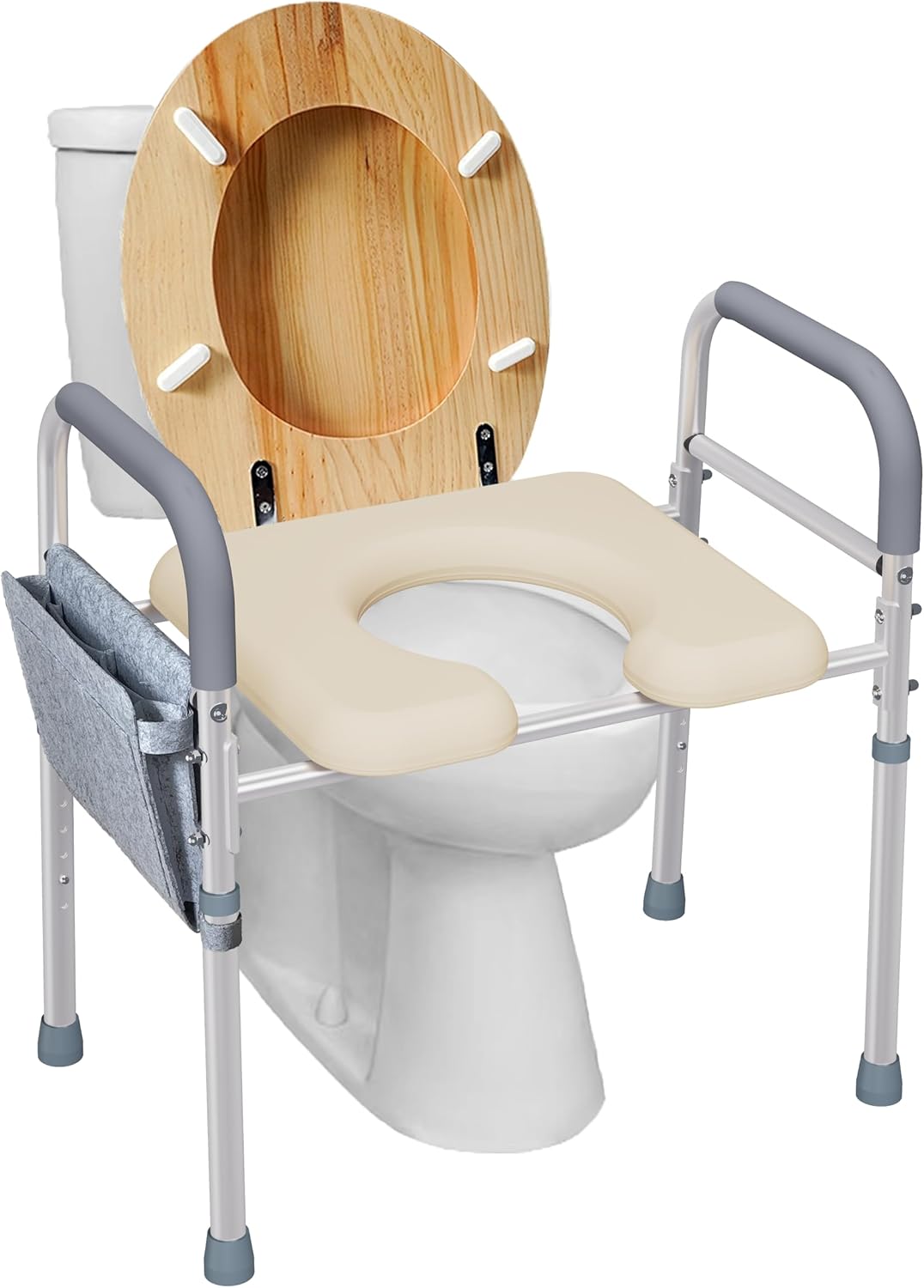 Asiento de inodoro elevado con brazos y cojín suave en forma de U, 400 libras, 25.4 pulgadas de ancho, altura ajustable, asiento elevado, asiento