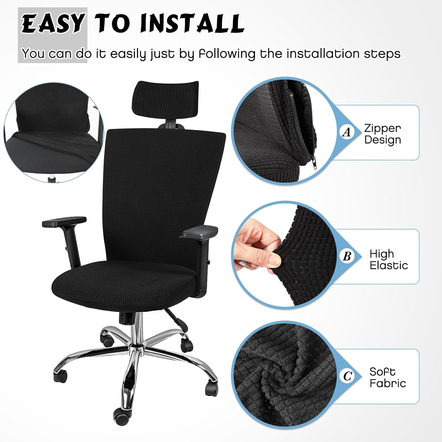 Lounsweer Funda para silla con reposacabezas de 3 piezas, funda para silla de oficina, con ruedas, fundas elásticas y lavables para silla de
