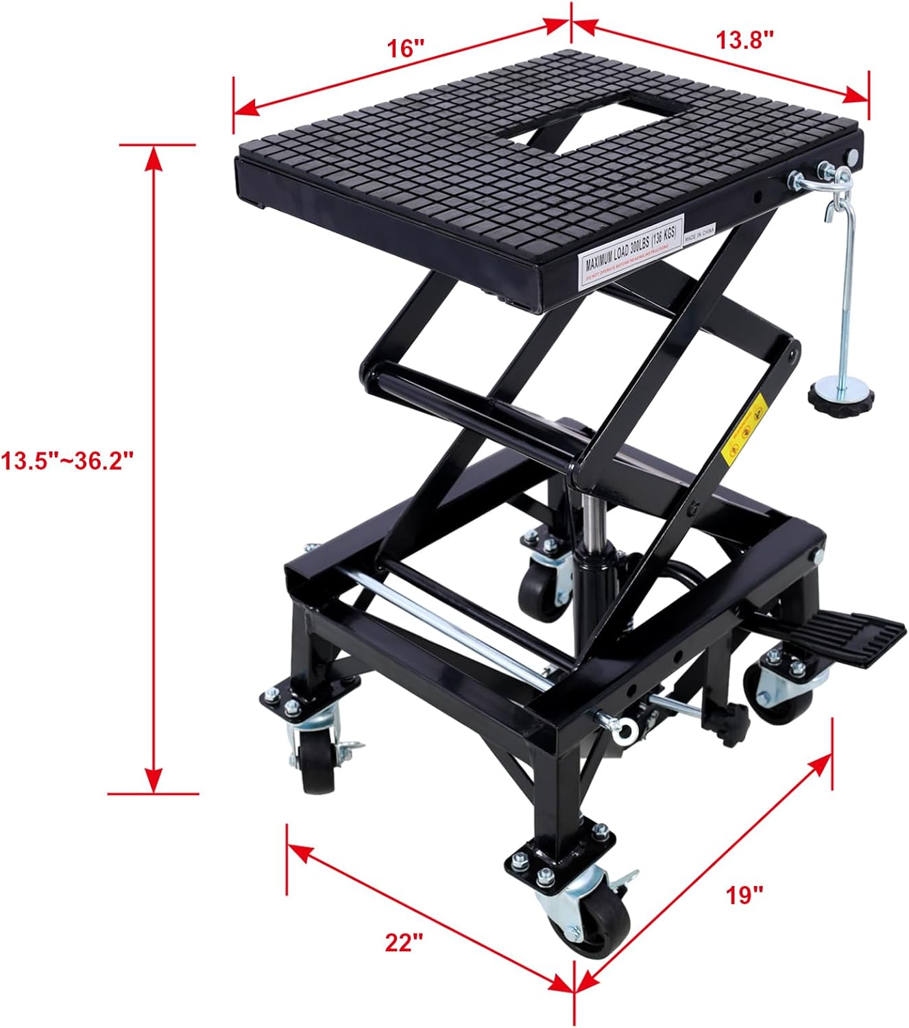 Ruedas hidráulicas de 300 libras para motocicleta de tijera, elevador de pie para motos de suciedad pequeñas, color negro