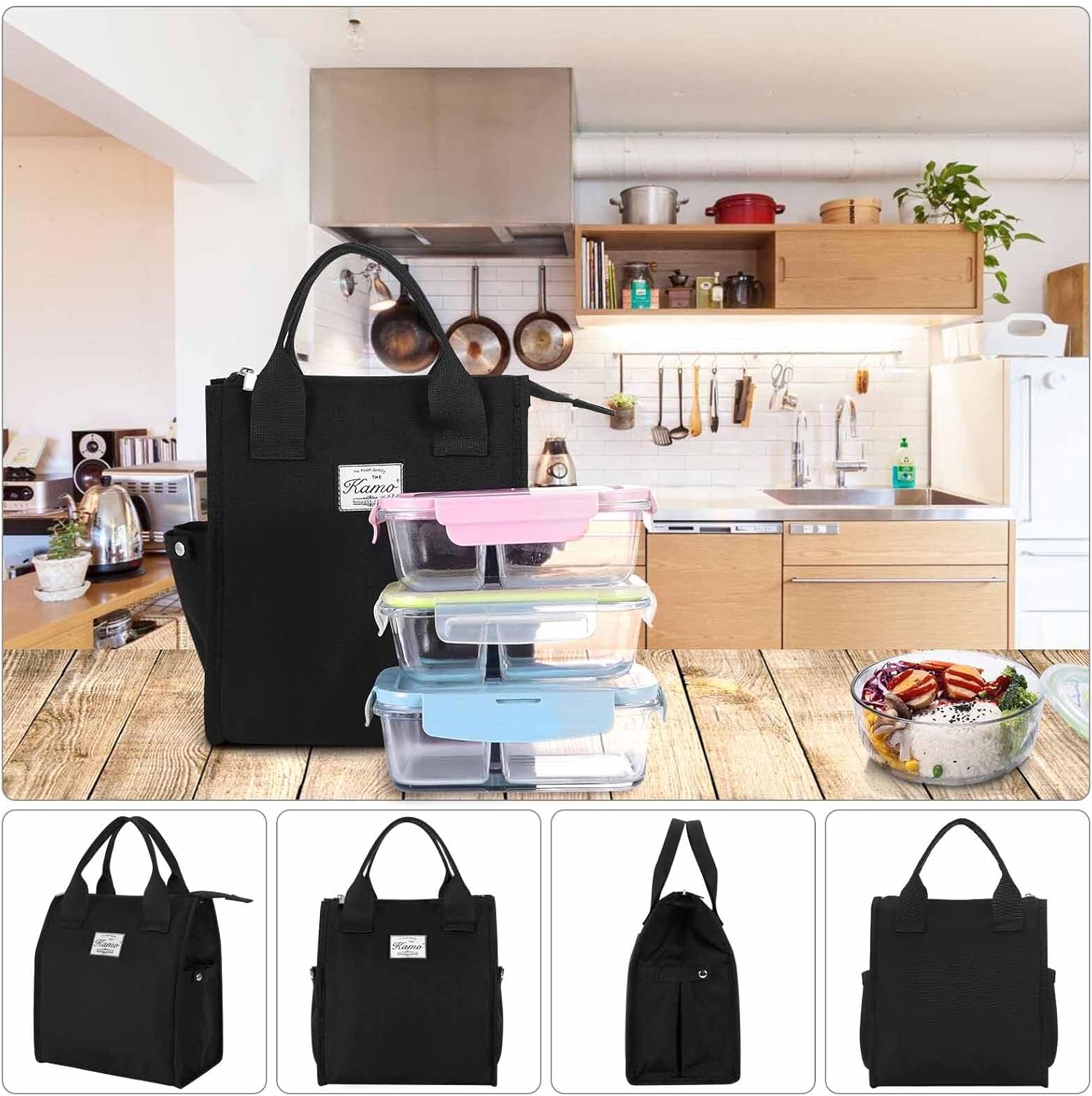 Kamo Bolsas de almuerzo para mujer, bolsa de almuerzo aislada, contenedor para el trabajo, viajes, playa, correa de hombro ajustable