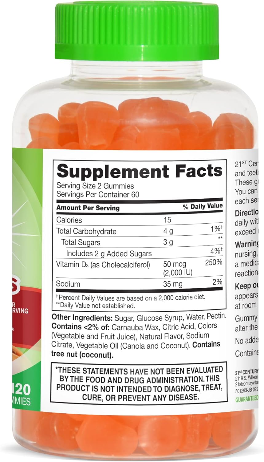 21st Century VitaJoy Daily Vitamina D3 50 mcg (2,000 UI) Gomitas, melocotón, 120 unidades