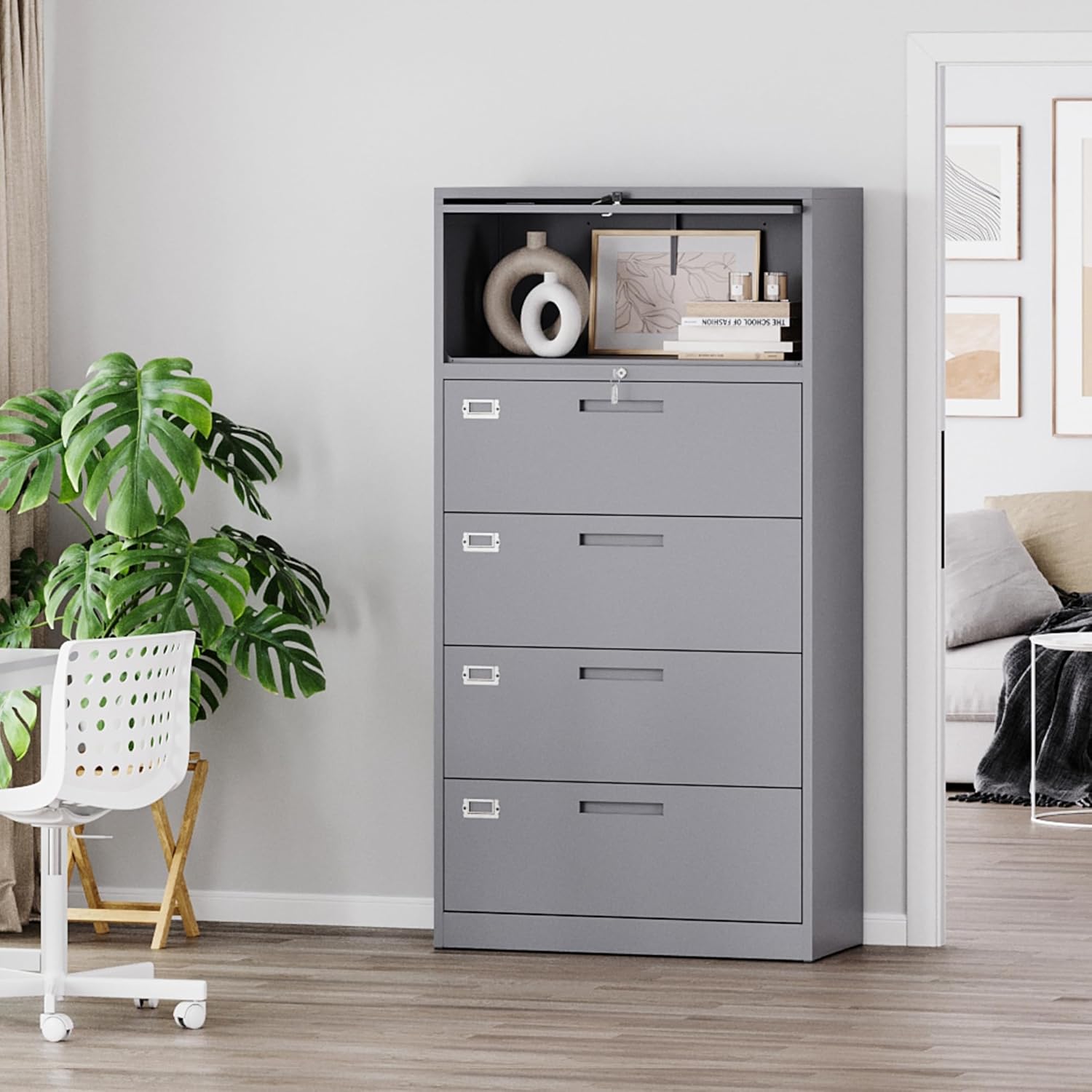 Letaya Archivadores para oficina en casa, archivadores laterales de metal de 4 cajones con cerradura, archivos colgantes tamaño cartalegalF4A4 (gris)