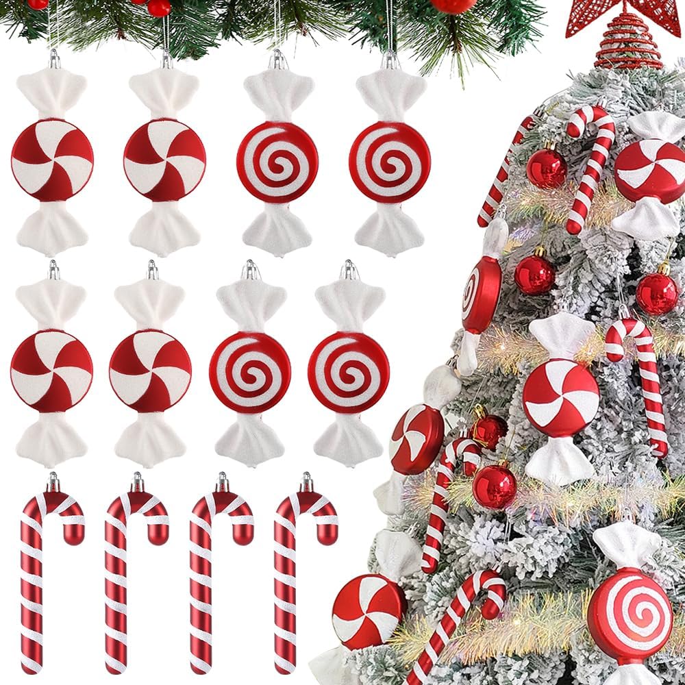 12 adornos de bastón de caramelo de piruleta de Navidad, colgantes de bastón de caramelo para árbol de Navidad, manualidades de 6.5 pulgadas,