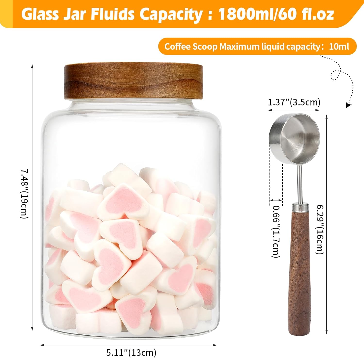 Tarros grandes de vidrio para café con cucharas de 60 onzas60.9 fl oz, recipiente redondo de almacenamiento con tapa de madera, tarro de alimentos