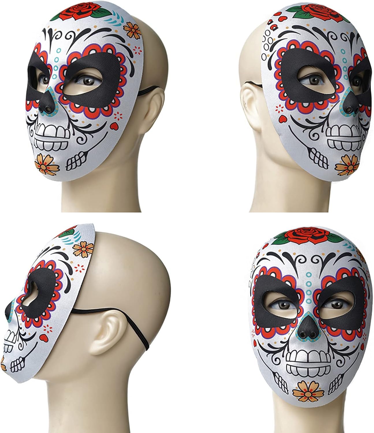 2 máscaras de calavera de azúcar del Día de los Muertos, máscara de cara completa para mujer, esqueleto zombi, hueso, flor, hoja, máscara para