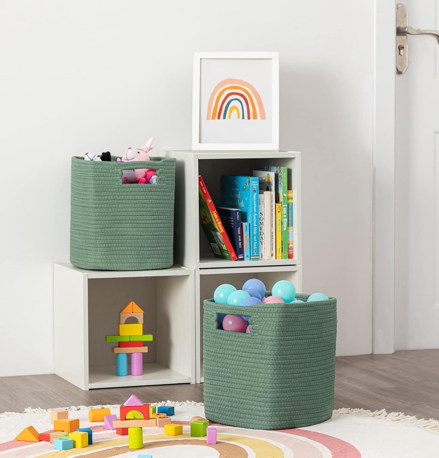 UBBCARE Juego de 3 cestas de cuerda de algodón de 13 x 13 x 13 pulgadas, cestas de almacenamiento tejidas para estantes, organización con asas,