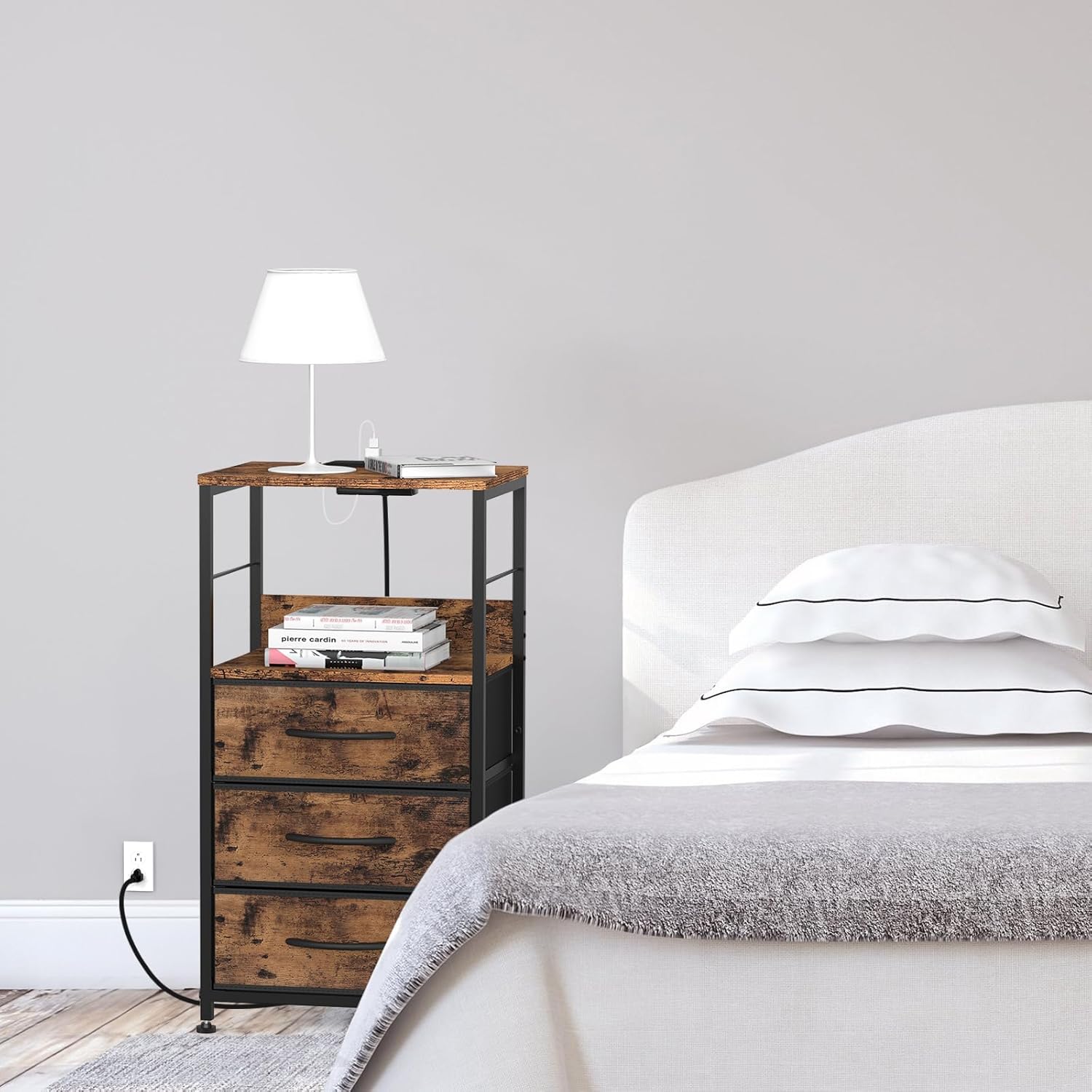 Mesita de noche con cajones, mesa auxiliar con estación de carga, mesas auxiliares de dormitorio con puertos USB y tomacorrientes, mesita de noche