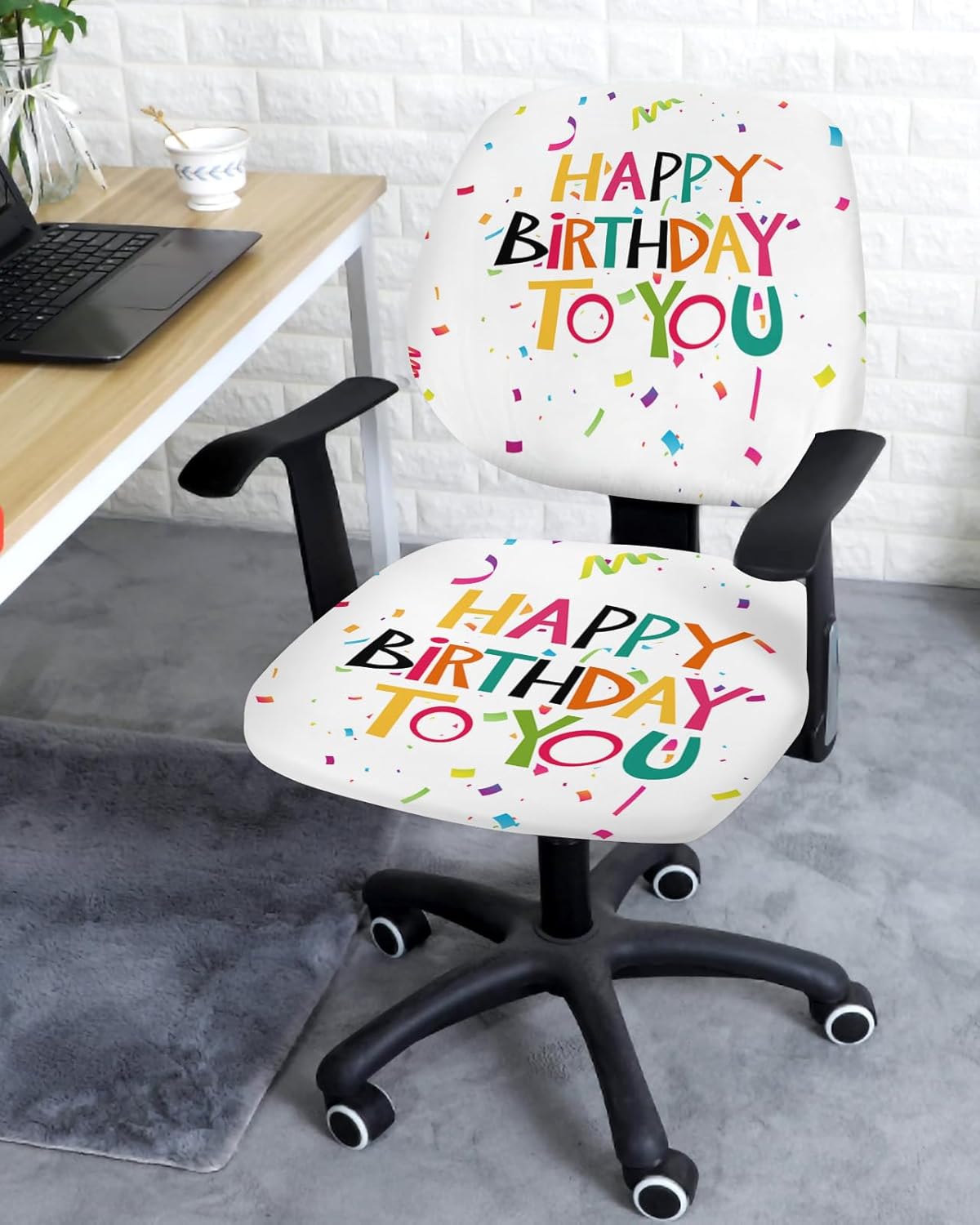 Funda elástica para silla de oficina con texto en inglés Happy Birthday para silla de computadora, respaldo, cinta de colores, arte abstracto,