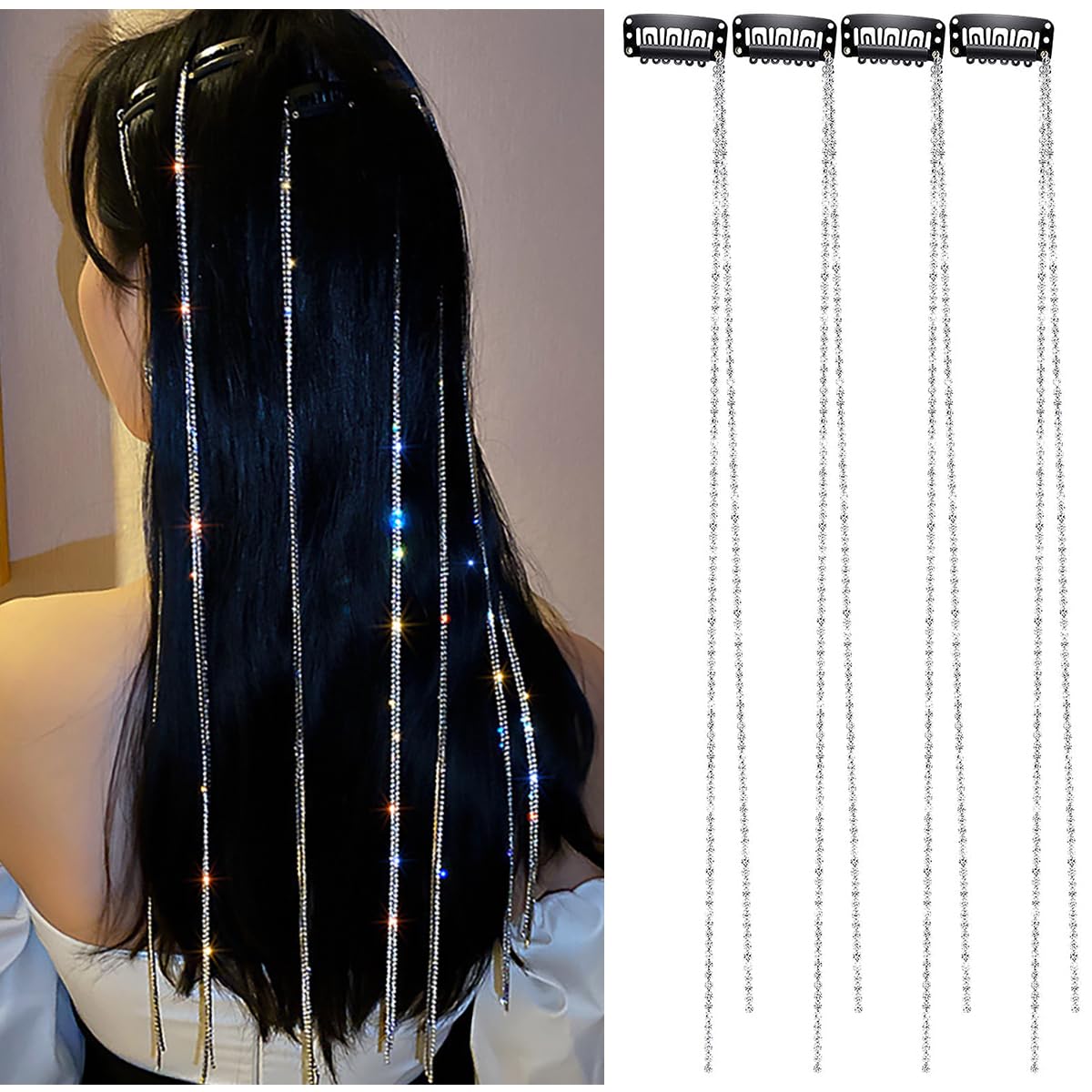 Cadenas para el cabello para mujer, extensiones de cabello con diamantes de imitación, pinzas para trenzar punk, largas con borlas, joyería para el