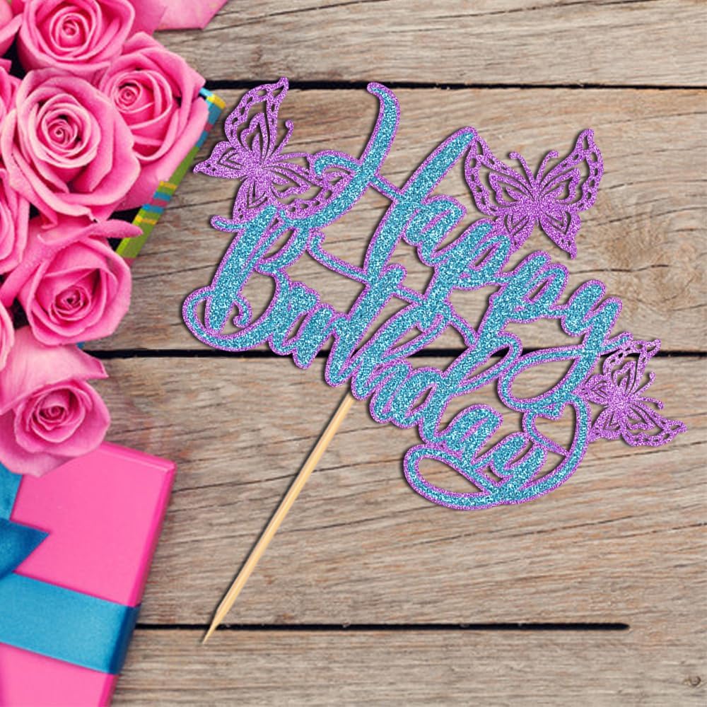 WRACKKIAR 13 Pcs Butterfly Cake Topper-Butterfly Happy Birthday cake topper-Girls Women’s Birthday Cake Party Decorations-Birthday Wedding Party