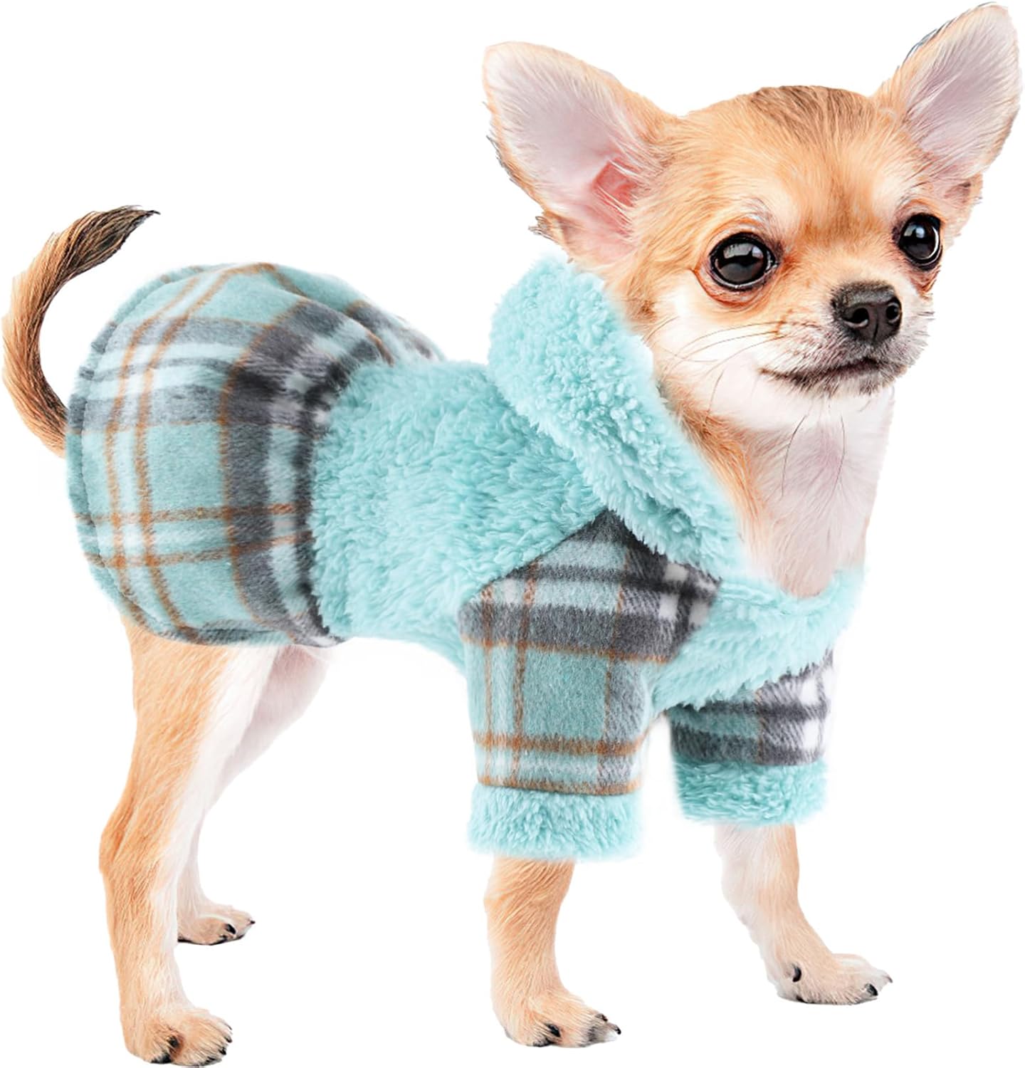 Vestido de invierno para perro, lindo suéter de forro polar cálido con capucha para perros pequeños, vestidos de cachorro a cuadros rosados, ropa