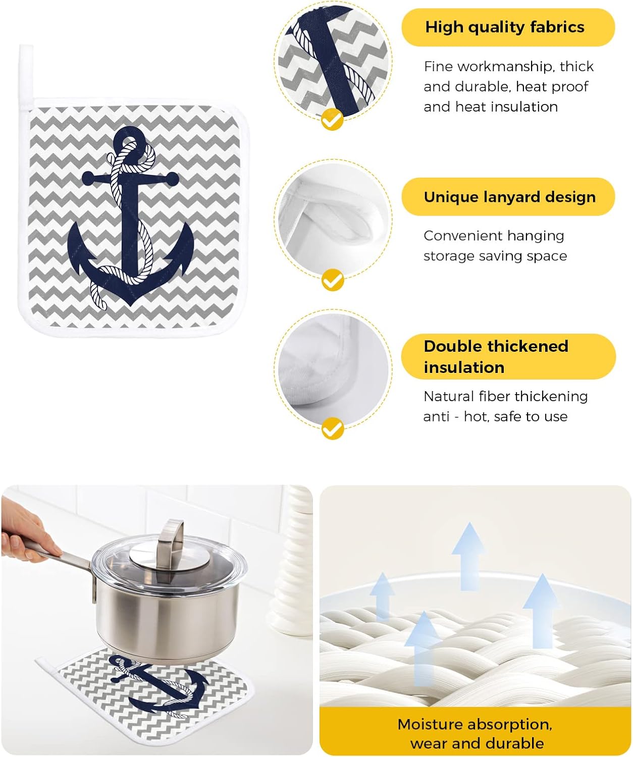 Paquete de 2 soportes para ollas para cocina, ancla azul náutica, con ondas blancas, a prueba de calor, salvamanteles a rayas, lavables, para