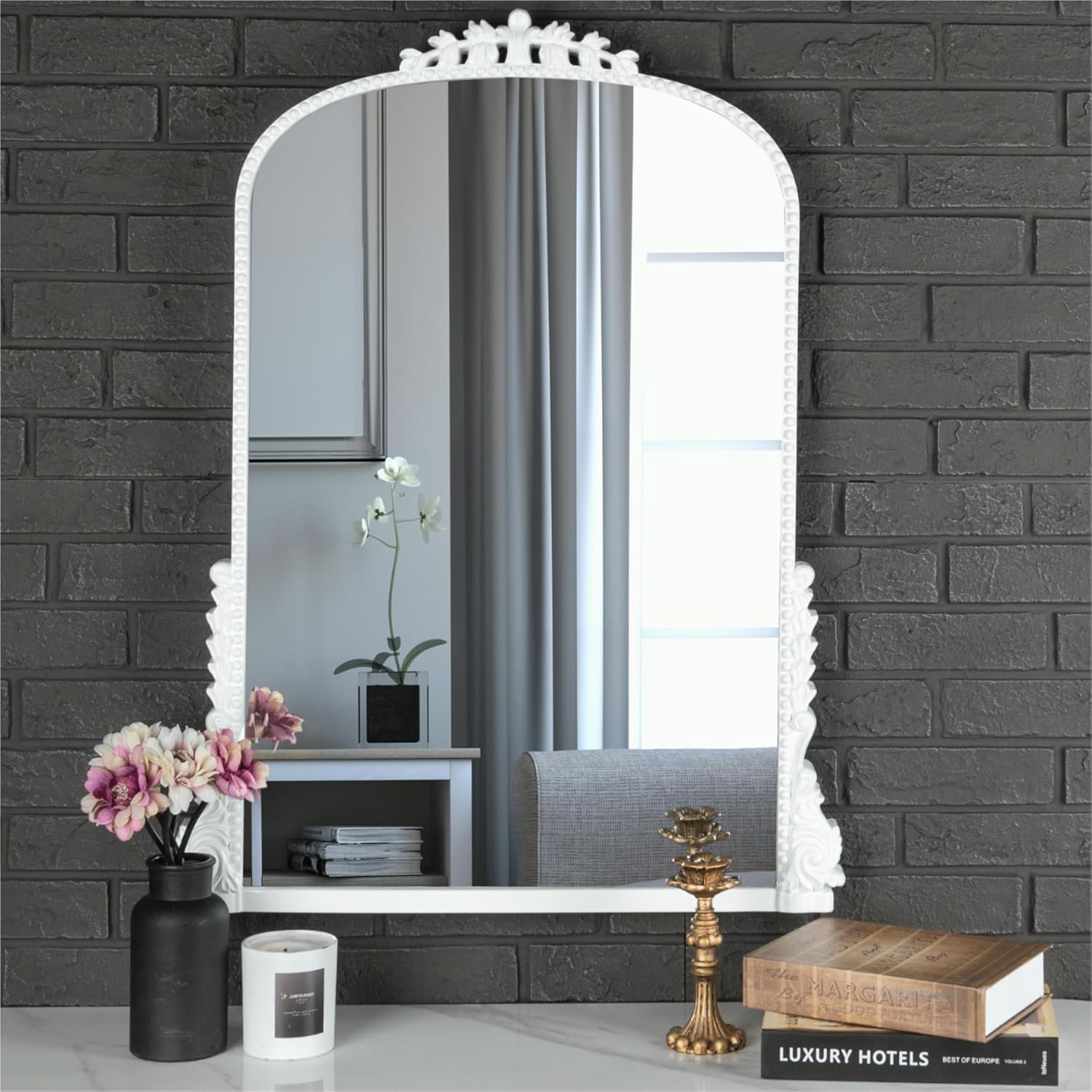 SHYFOY Espejo de pared antiguo, espejo de arco barroco blanco para decoración de pared, espejo decorativo de 31.5 x 23.6 pulgadas, elegancia