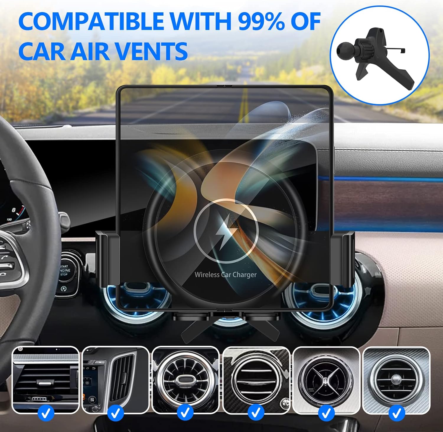 Cargador de coche inalámbrico de tres bobinas de 20 W con ventilador de refrigeración, para Z Fold 5, carga rápida con sujeción automática para