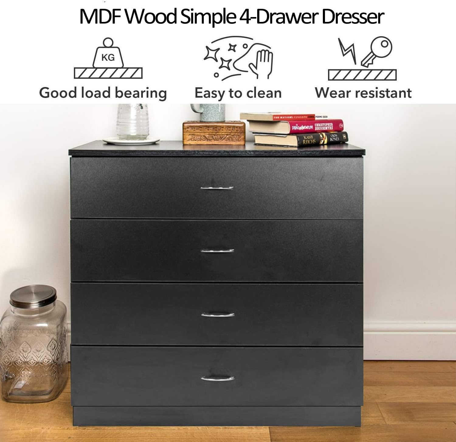 Henf Cómoda de madera con 4 cajones para armario, adecuada para dormitorio, sala de estar y pasillo (4 cajones negros)