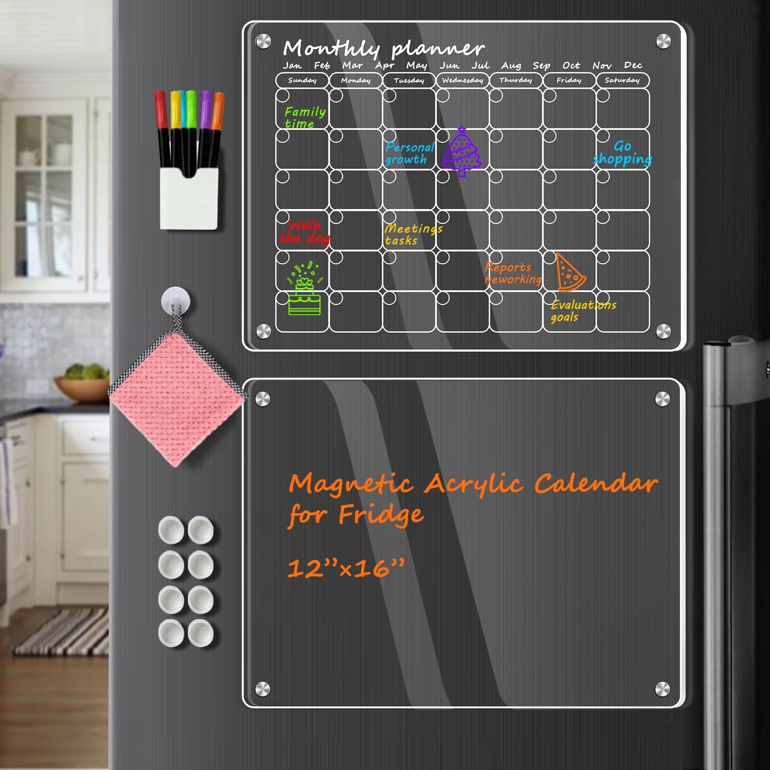 Calendario acrílico magnético para refrigerador, paquete de 2 calendarios transparentes de 12 x 16 pulgadas, juego de tablas de planificación