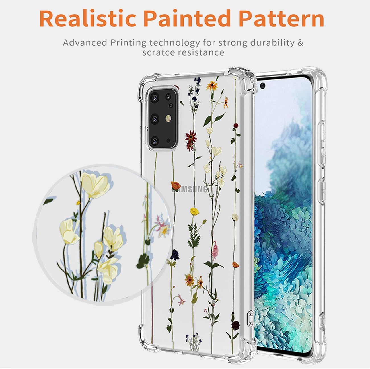 Funda de teléfono para Galaxy S20 5G, Samsung S20 SM-G981U, funda transparente con patrones de jardín de flores, funda protectora para Samsung