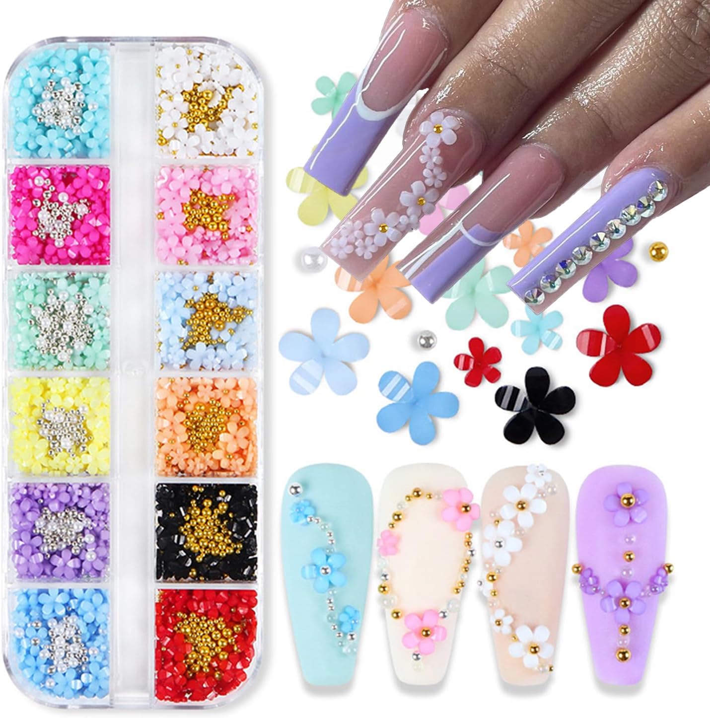 12 colores 3D de flores para arte de uñas, suministros de arte de uñas, mezcla de perlas doradas y plateadas para uñas acrílicas, diamantes de