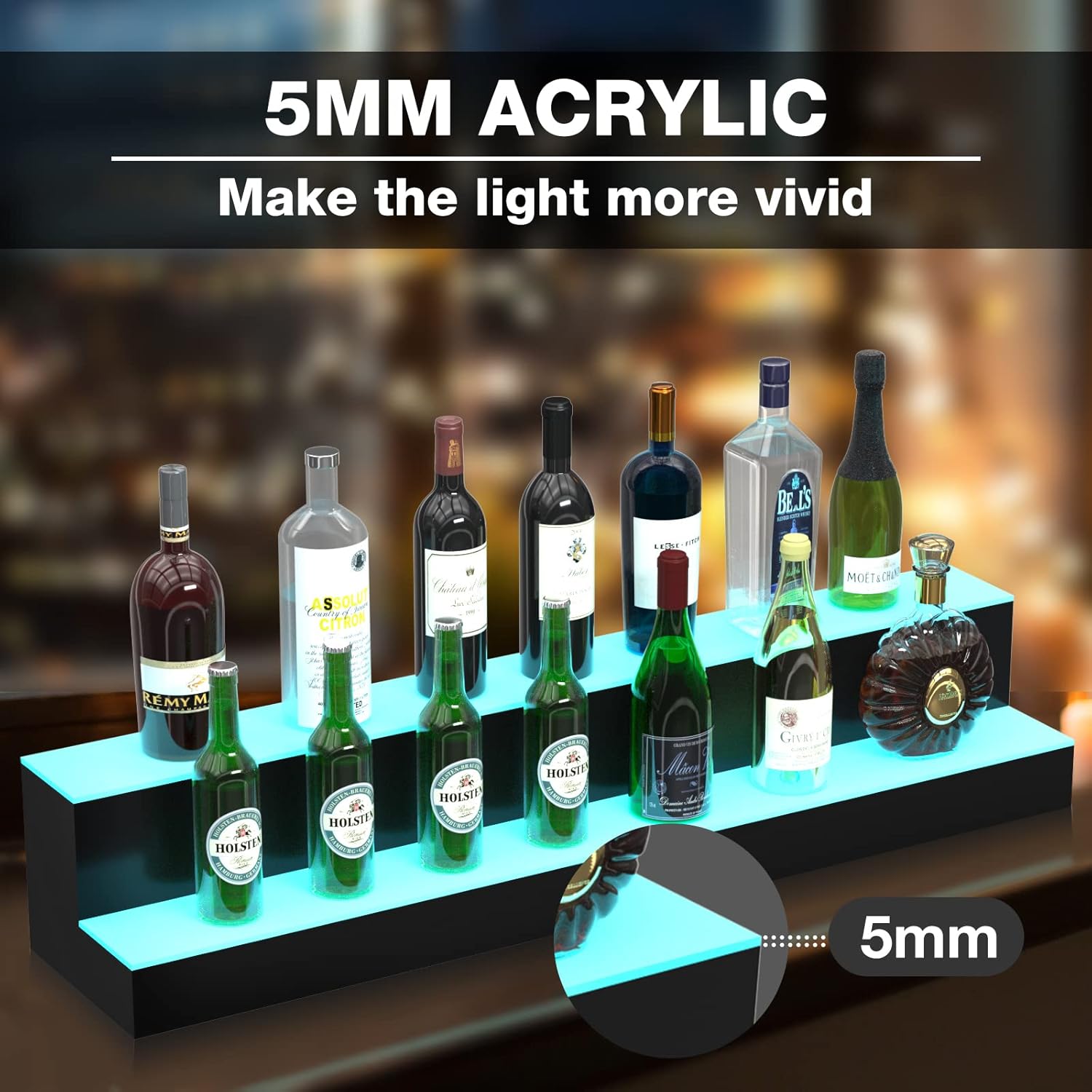 Estante de exhibición LED para botellas de licor, estante de barra iluminado de acrílico de 40 pulgadas de 2 pasos para el hogar, barra comercial,