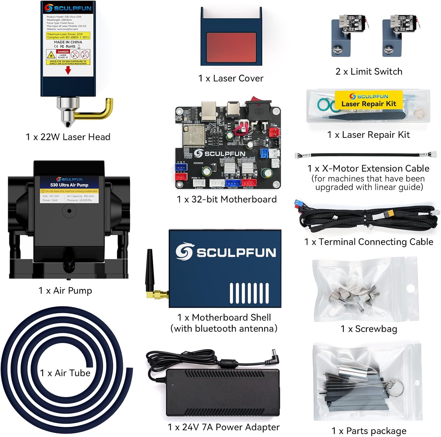 SCULPFUN Módulo láser de actualización S9 22W, bomba de asistencia de aire de control automático con placa base de 32 bits con interruptor de límite