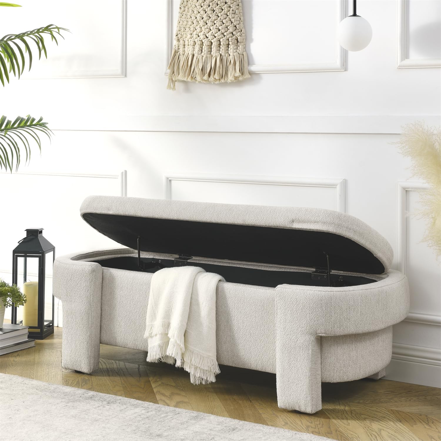Banco otomano tapizado de tela de lino con gran espacio de almacenamiento, banco de almacenamiento para sala de estar, entrada, color beige