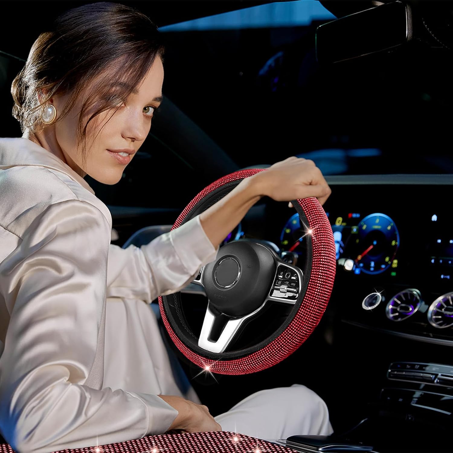 Juego de 17 fundas brillantes para asientos de automóvil, accesorios de diamantes de imitación para volante, terciopelo brillante transpirable