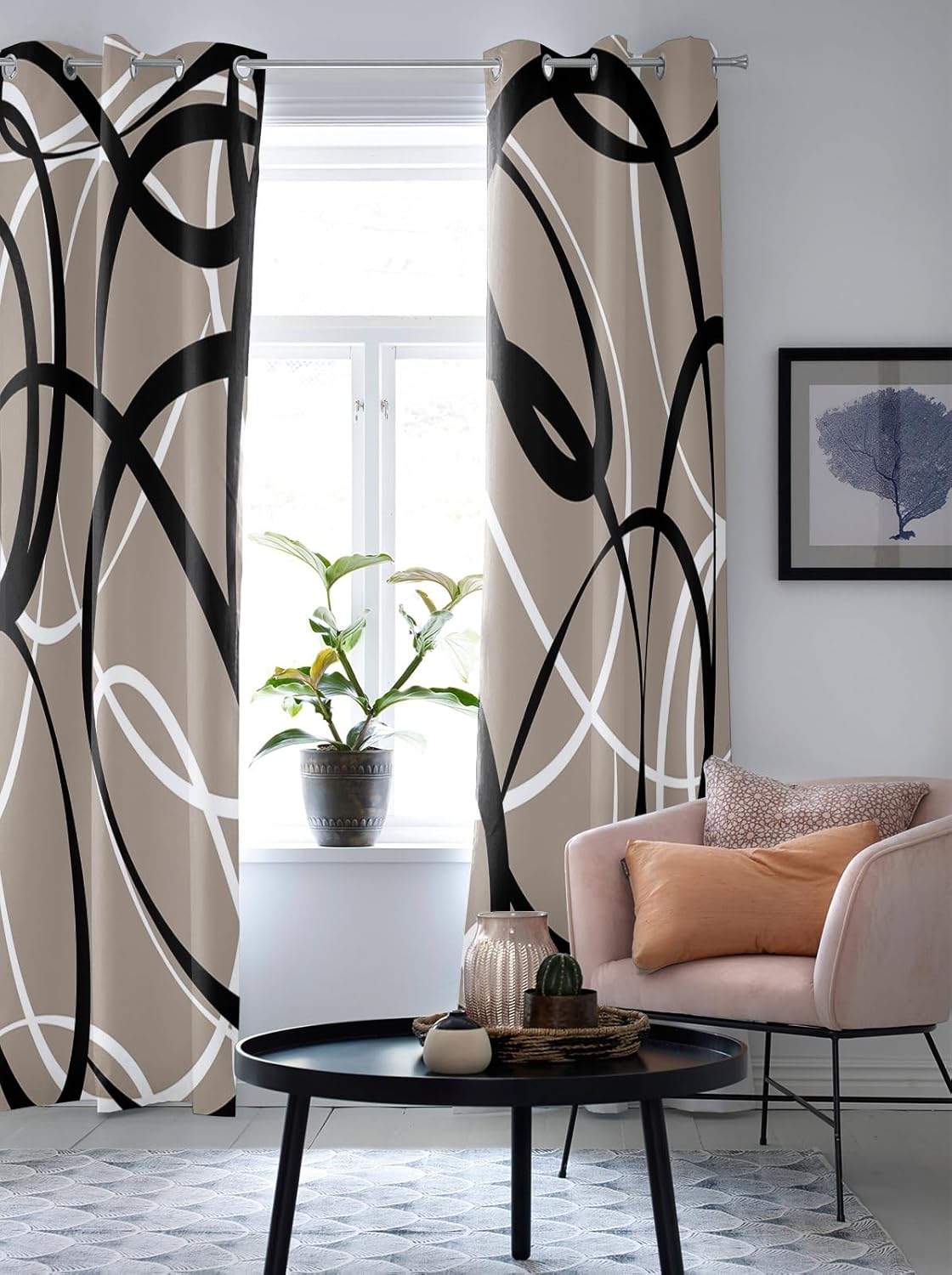 Libaoge Curtains Panels for Kitchen Brown Black White Modern Abstract Art Lines Window Curtains Light Filtering Grommet Top Drapes for Bedroom