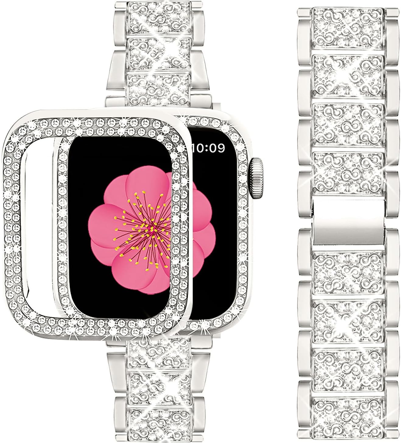 SUPOIX Compatible con Apple Watch Band de 1.614 pulgadas + funda, correa de metal con diamantes brillantes para mujer y paquete de 2 fundas