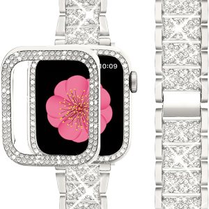 SUPOIX Compatible con Apple Watch Band de 1.614 pulgadas + funda, correa de metal con diamantes brillantes para mujer y paquete de 2 fundas SUPOIX Compatible con Apple Watch Band de 1.614 pulgadas + funda, correa de metal con diamantes brillantes para mujer y paquete de 2 fundas