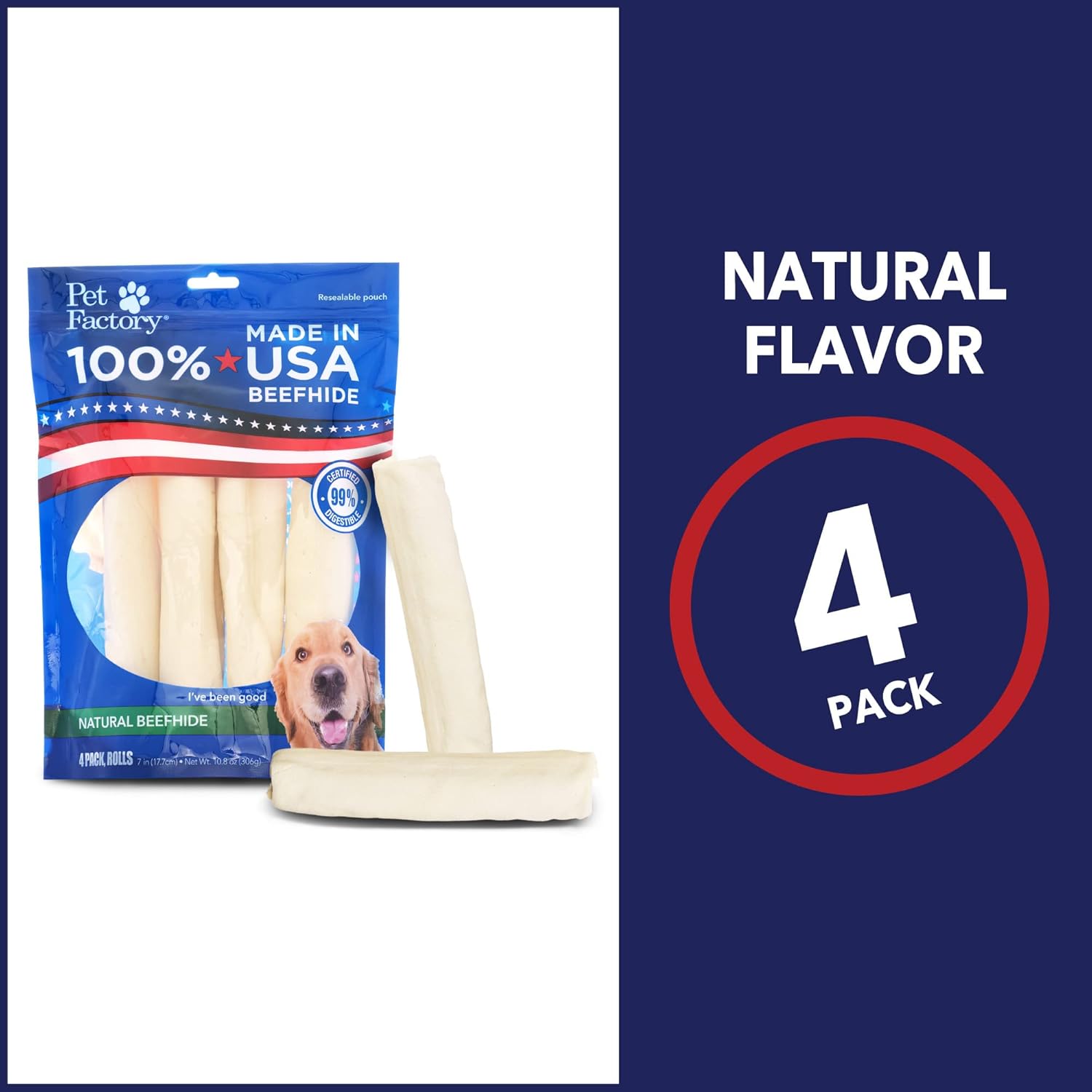 Pet Factory 100 % fabricado en Estados Unidos de piel de res de 7 pulgadas, rollos de golosinas masticables para perros, sabor natural, 4 unidades1