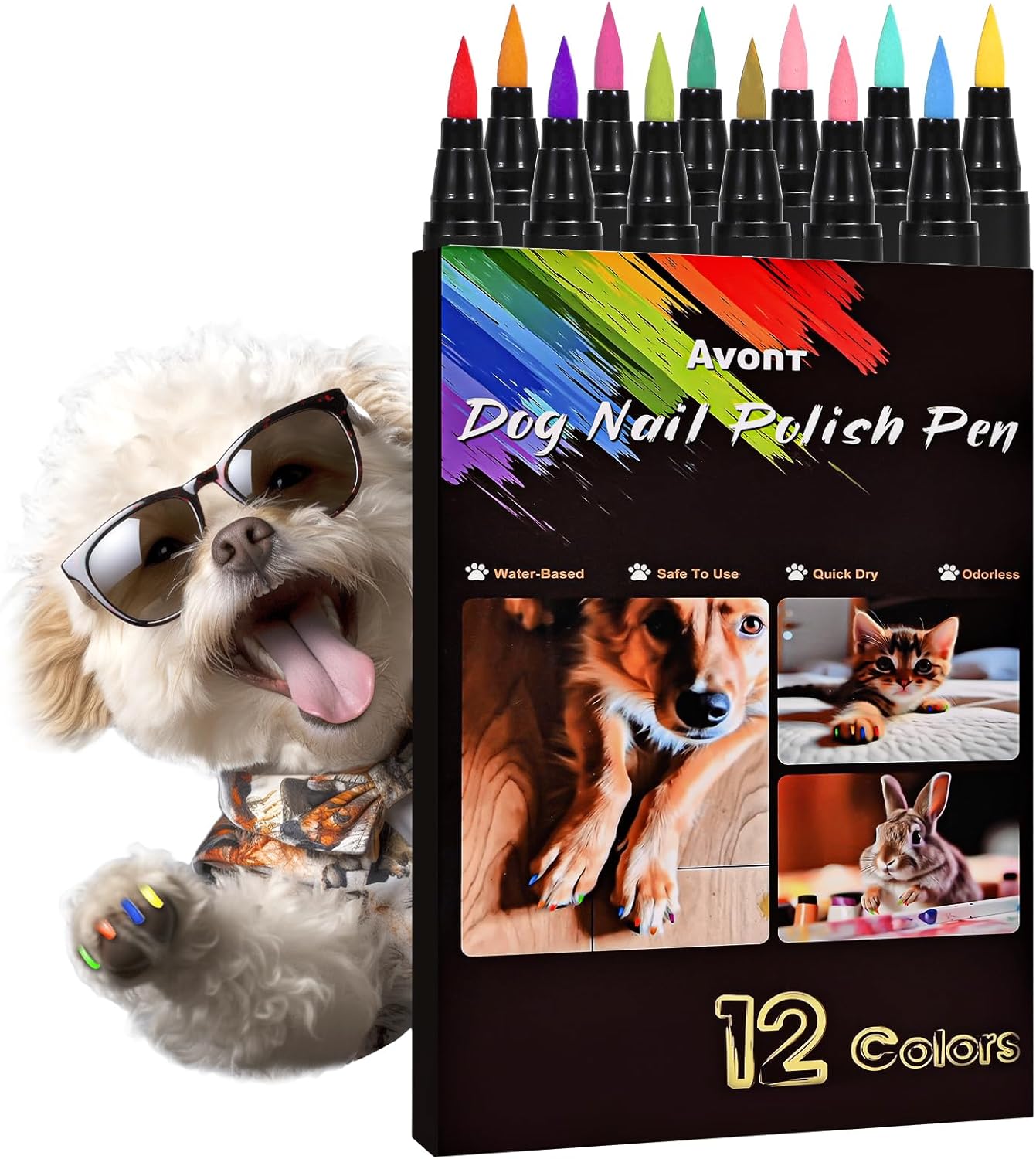 Avont Bolígrafo de esmalte de uñas para perros, 12 colores de secado rápido, pintura de uñas para perros, esmalte de uñas seguro para perros,