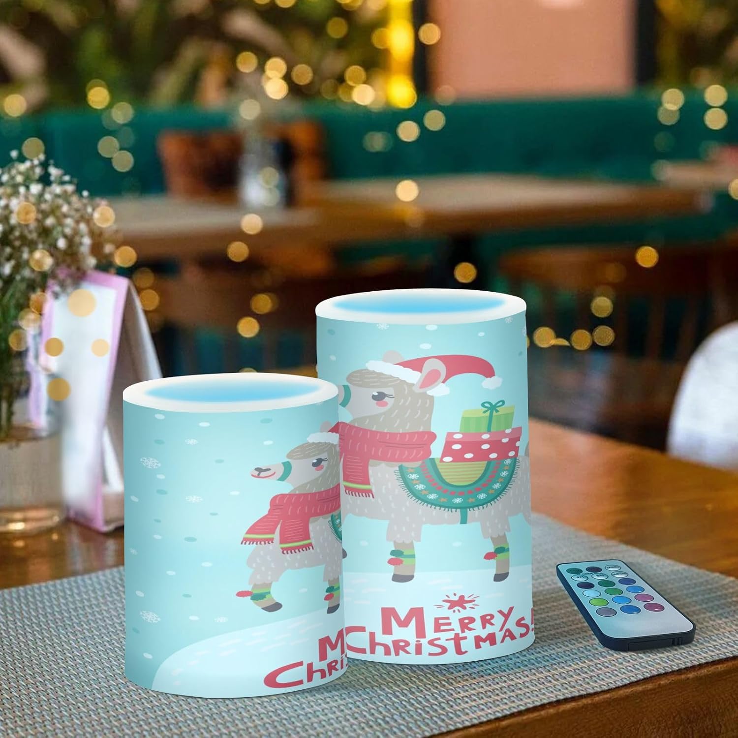 Merry Christmas Llama Gift Flameless Candles with Remote Timers Winter Snowflake Pillar Candles for Bedroom Bathroom Outdoor Party Garden Ambient