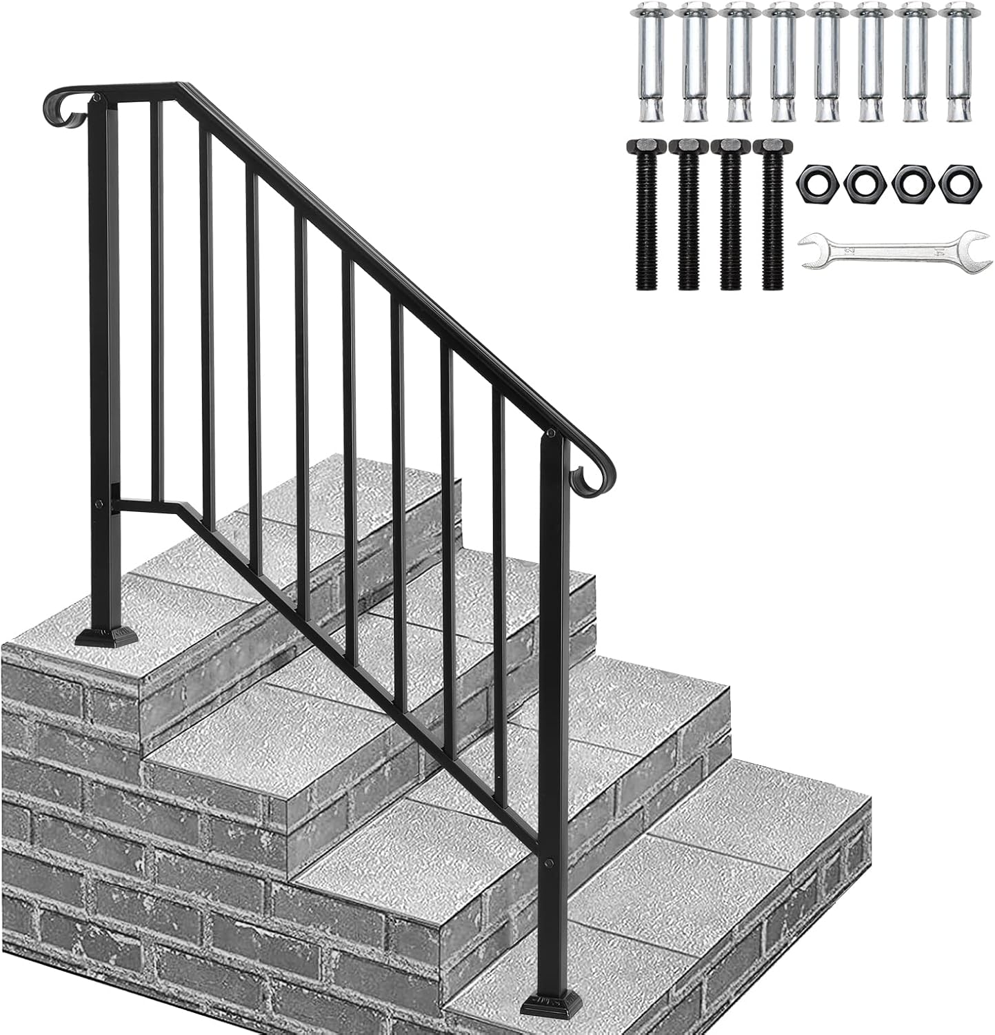 1 pasamanos para escalones al aire libre, pasamanos ajustables de hierro forjado de 3 a 4 escalones, pasamanos de metal para exteriores, con kit de