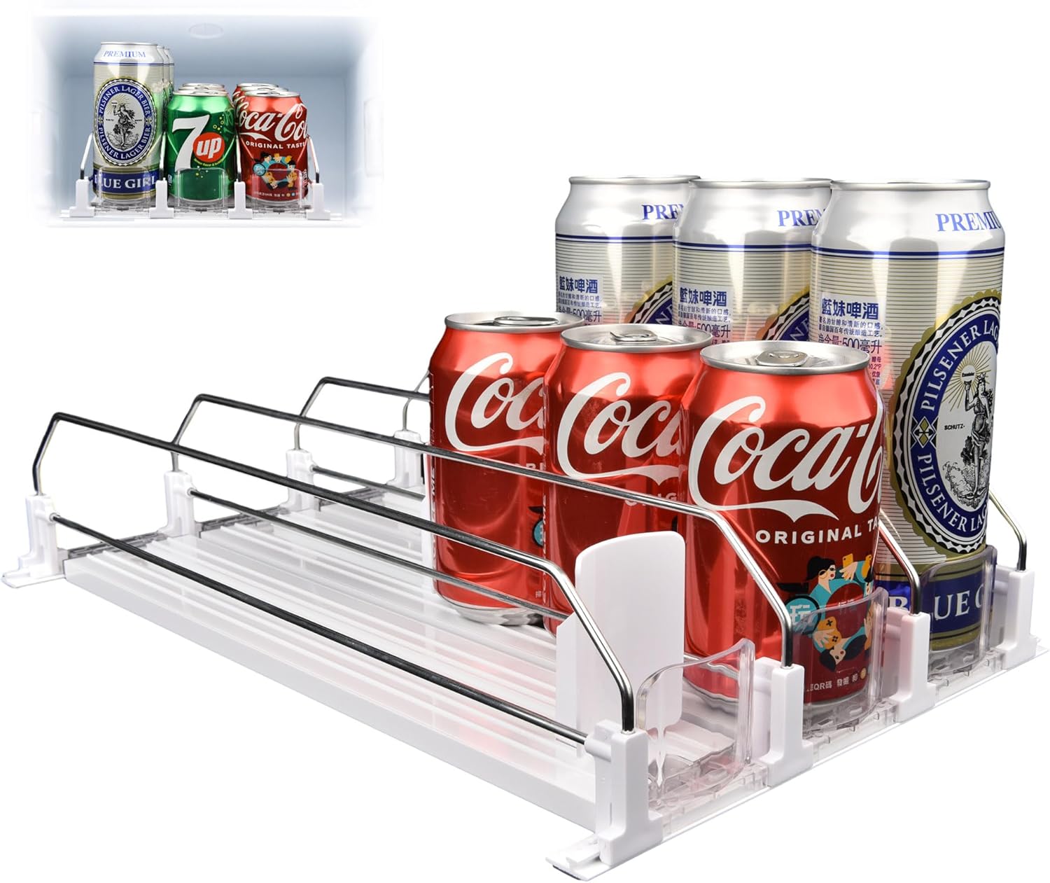 Dispensador de latas de soda para refrigerador, estante deslizante de ancho ajustable, organizador de bebidas para refrigerador, gran capacidad de