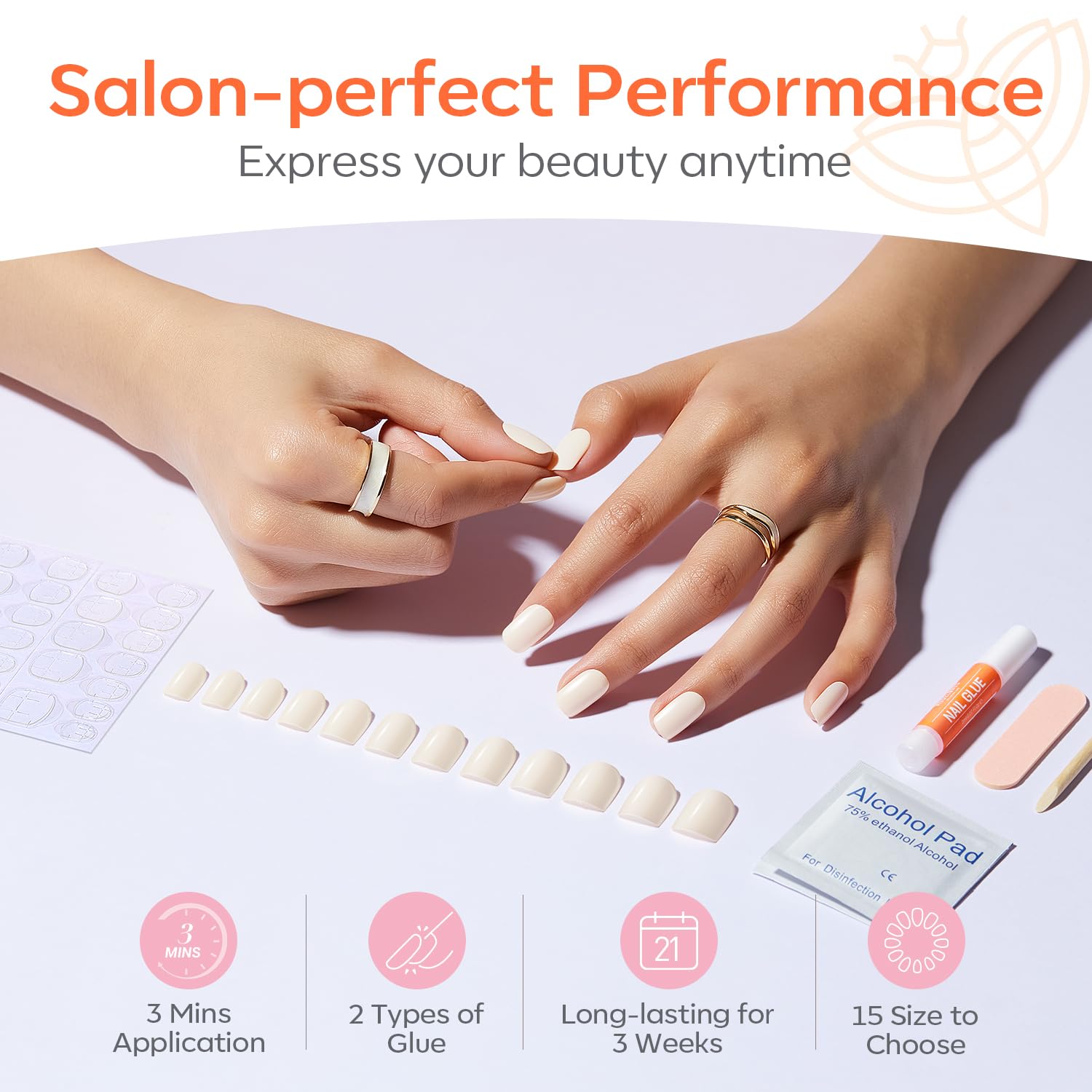 Modelones 30 uñas postizas a presión, uñas postizas cuadradas cortas, kit de uñas reutilizables con pestañas adhesivas de pegamento de uñas, mini