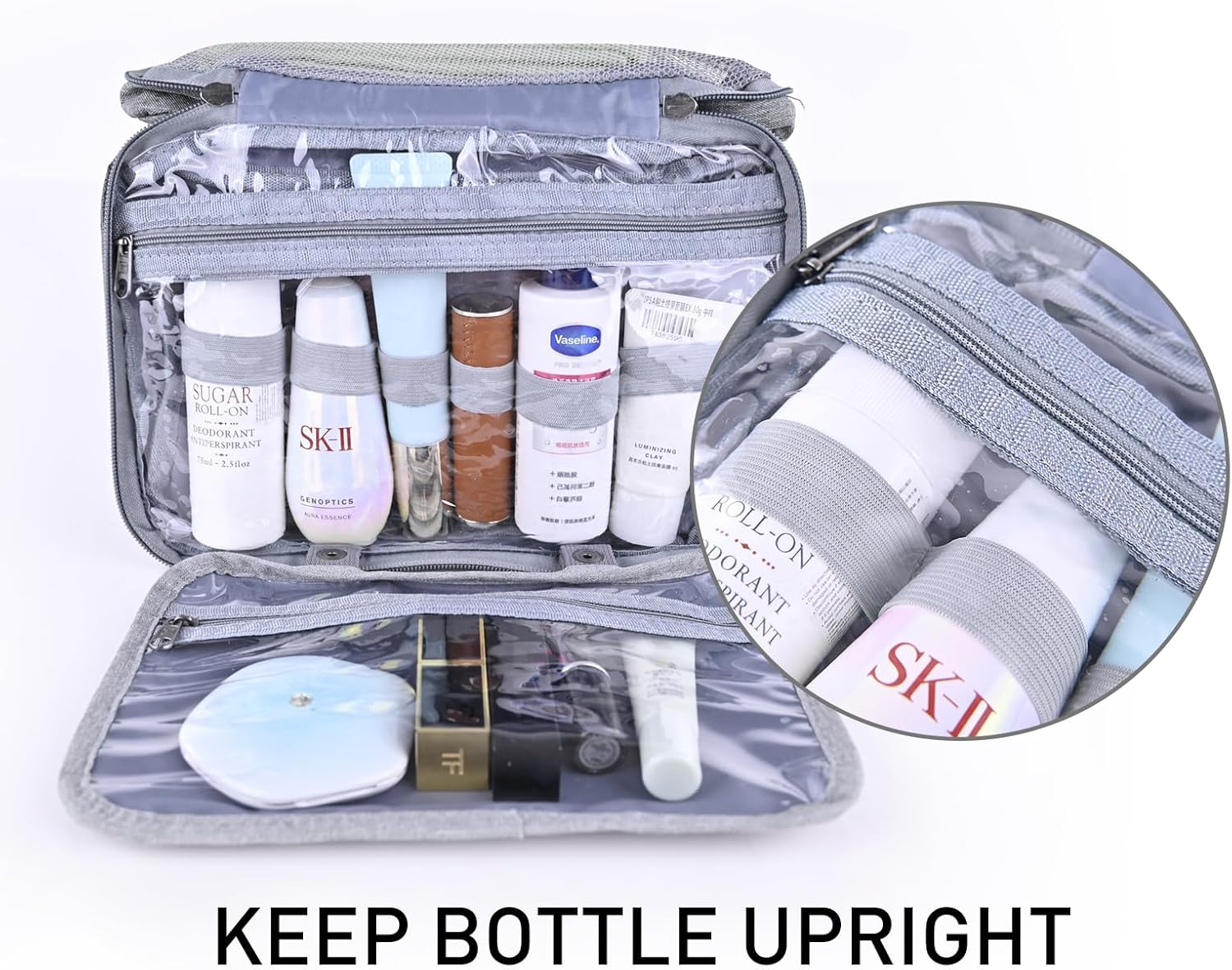 Neceser Bolsa de viaje con gancho colgante Bolsa de cosméticos de maquillaje resistente al agua, Gris