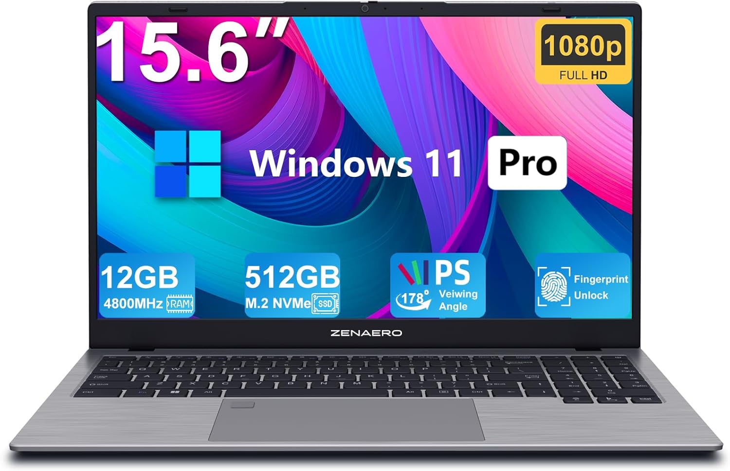 ZENAERO Computadora portátil Windows 11 Pro de 15.6 pulgadas, 12 GB de RAM, 512 GB NVMe SSD Intel Alder Lake-N95 de 12 generación (hasta 3.4 GHz),