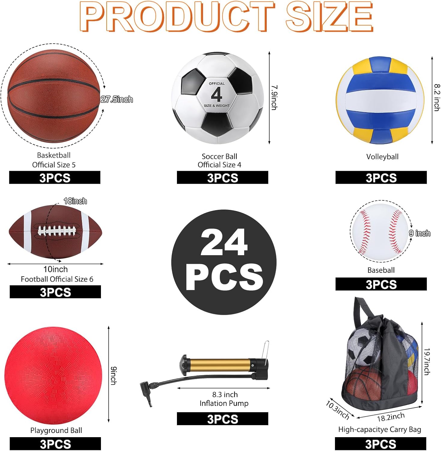 Juego de 18 pelotas deportivas para niños y adolescentes, tamaño oficial, baloncesto, fútbol, voleibol, fútbol, parque infantil, béisbol, equipo