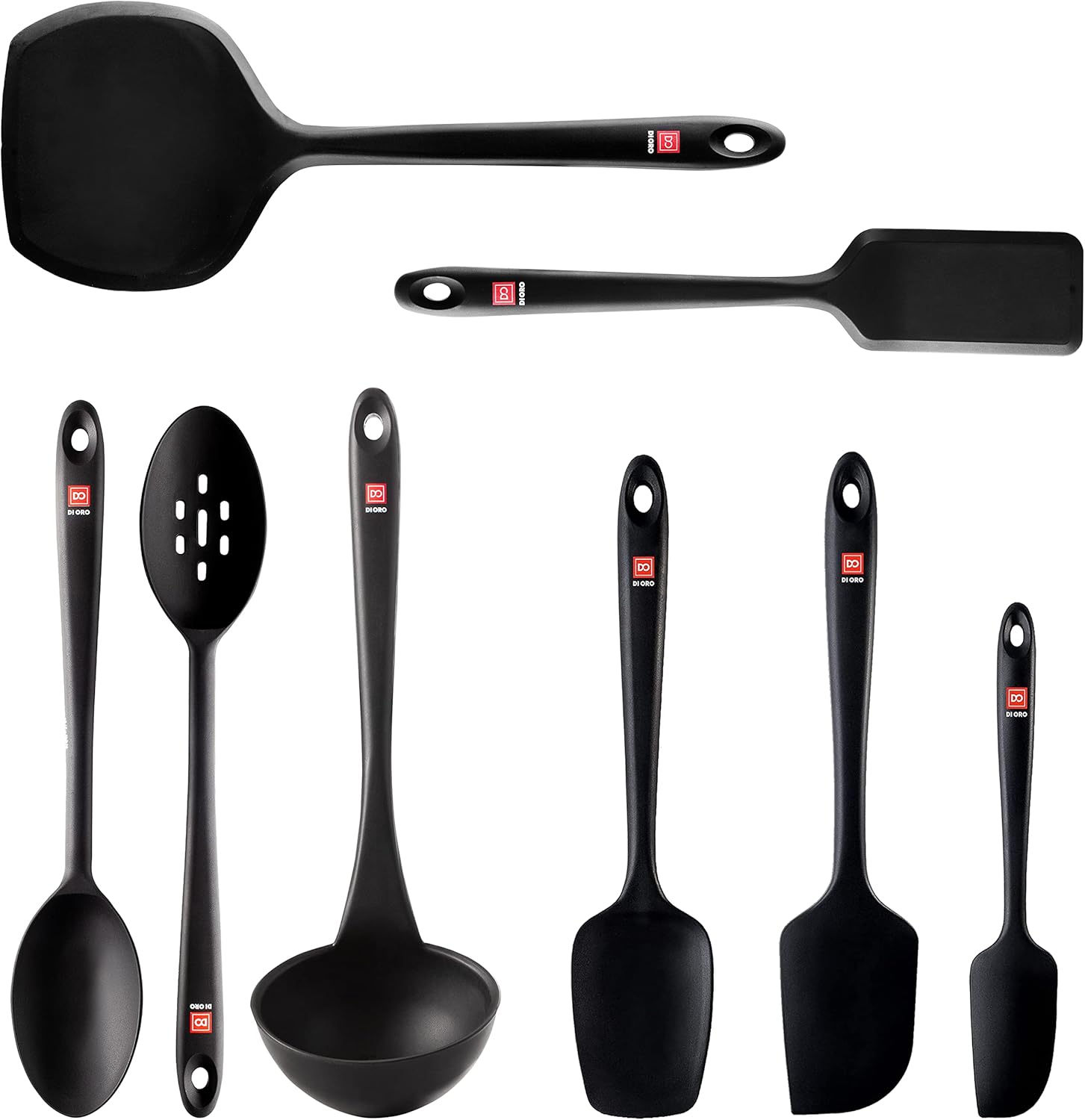 DI ORO – Juego de utensilios de cocina de silicona de 9 piezas, resistente al calor, antiadherente, flexible, espátulas de silicona sin costuras,