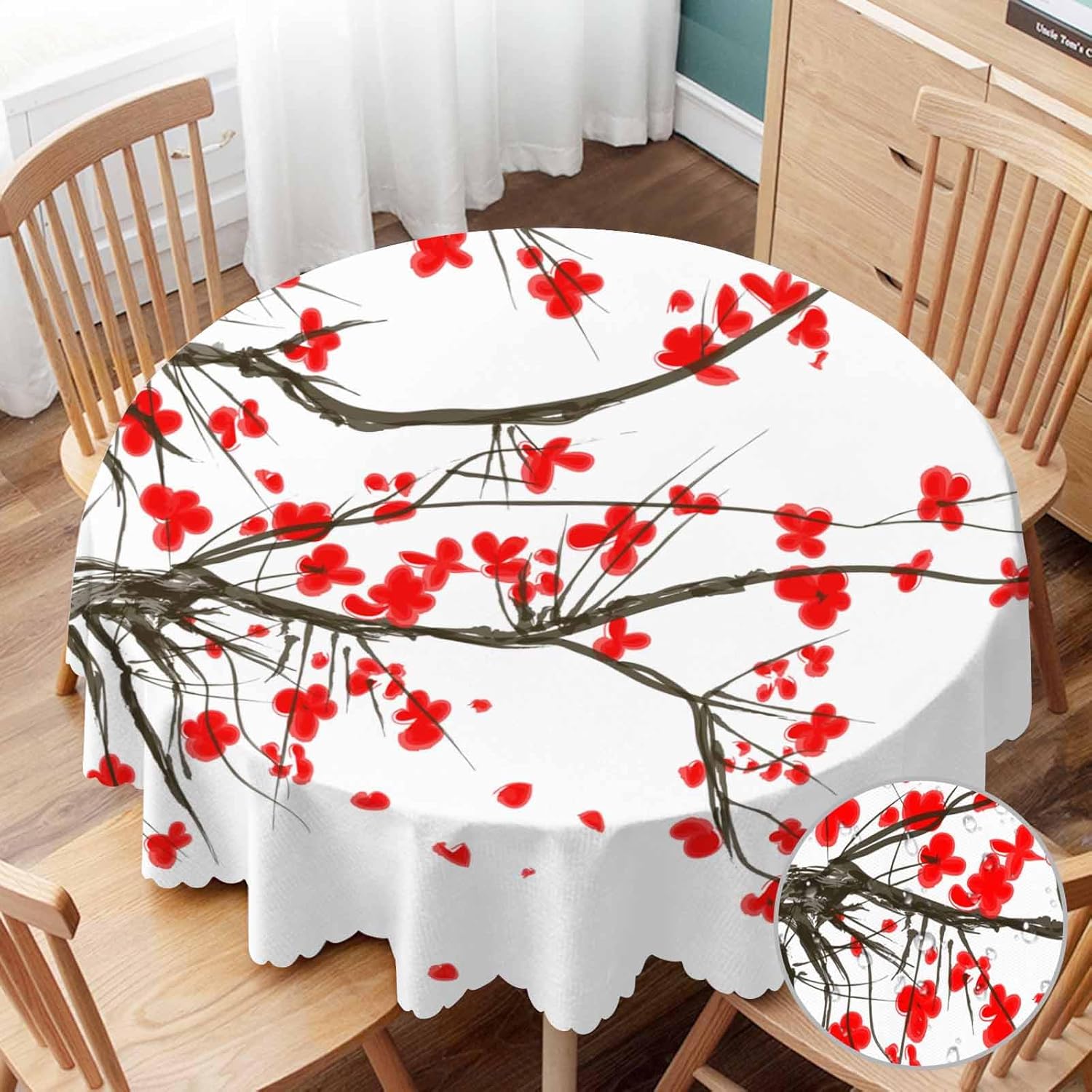 Yibeas Mantel redondo de cereza roja japonesa con pintura de tinta, flor y cerezo, para comedor, cocina, decoración redonda, 60 pulgadas